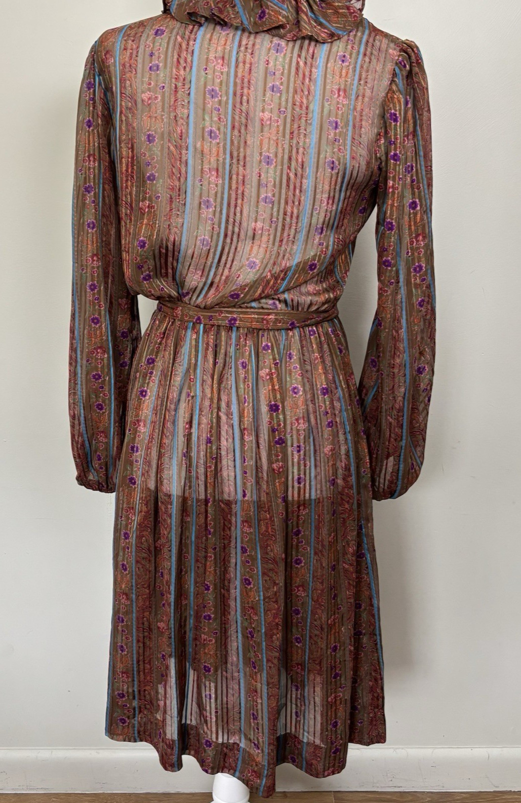The Kollection VTG 70’s Sheer Floral Ruffle Button Front Belted Midi Dress-M