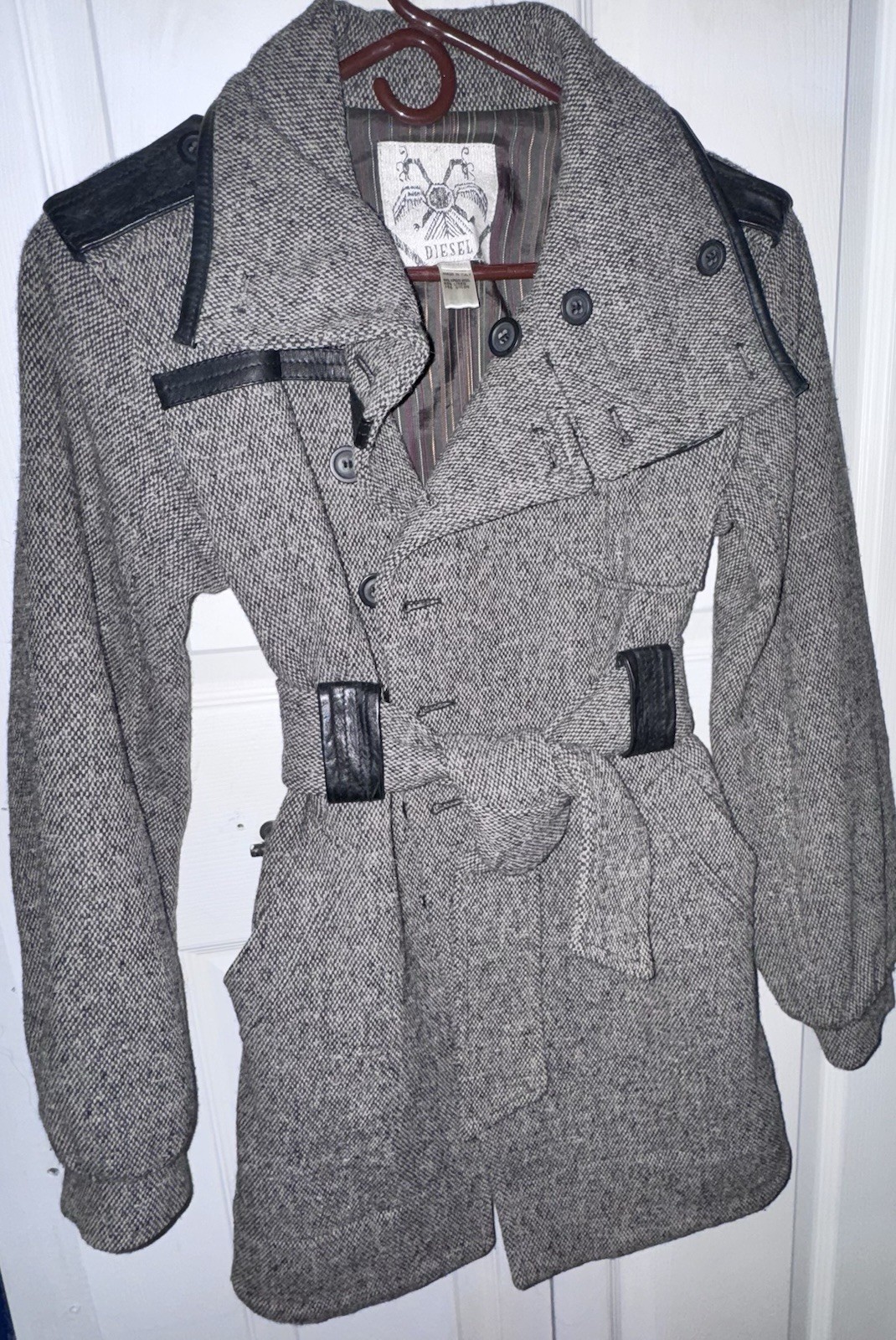 Vintage Diesel Military Inspired Heavy Wool & Leather Trench Coat Made in Italy