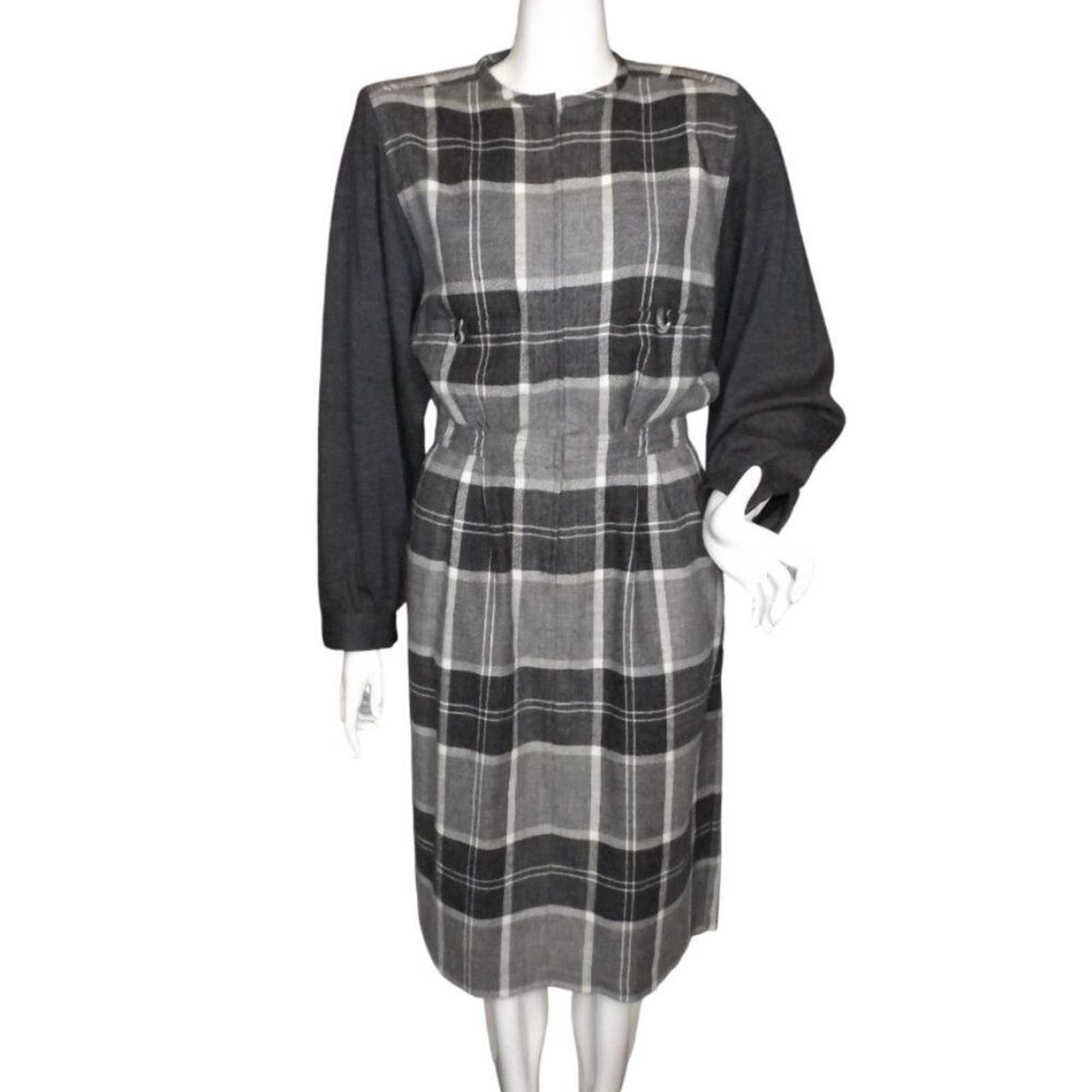 VALENTINO Dress, 42, Grey Plaid, Long sleeve, Zipper Front, VINTAGE, Miss V