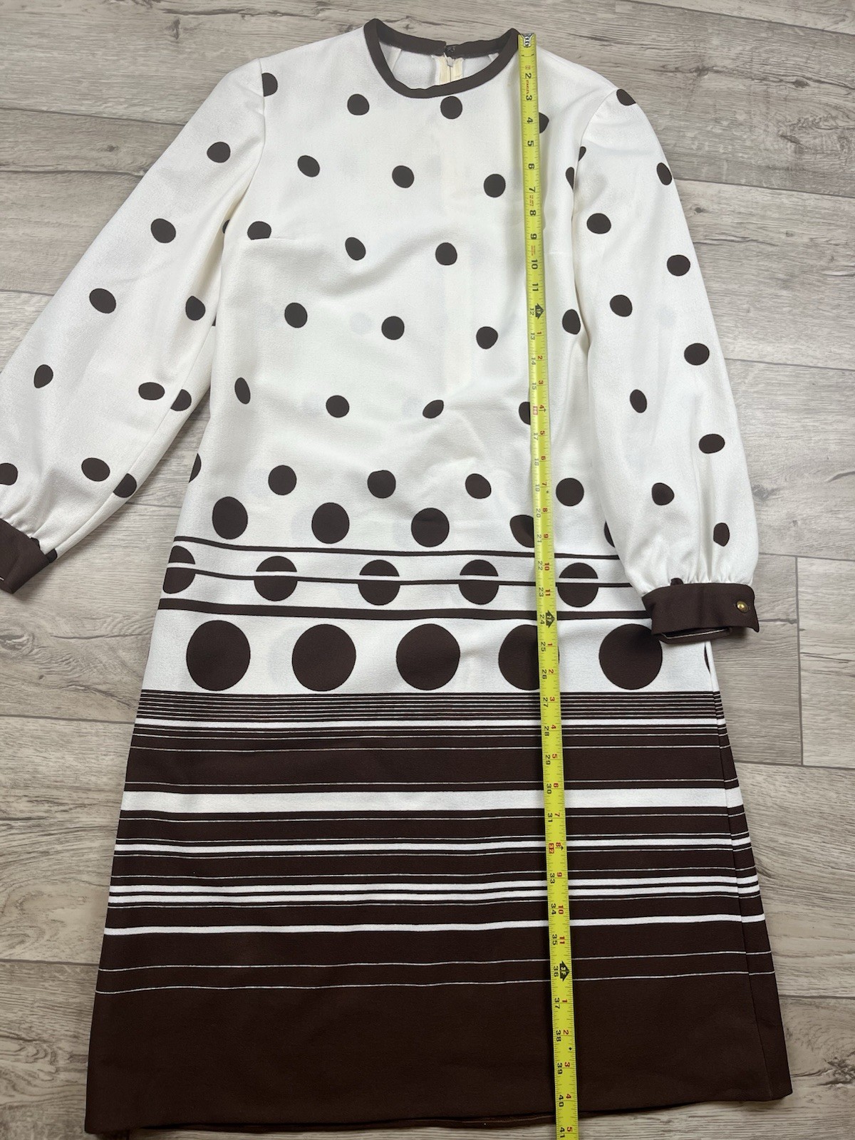 VTG 1960s Mod L’AIGLON Dress Belted Polka Dot Striped Brown White MCM Long Slv