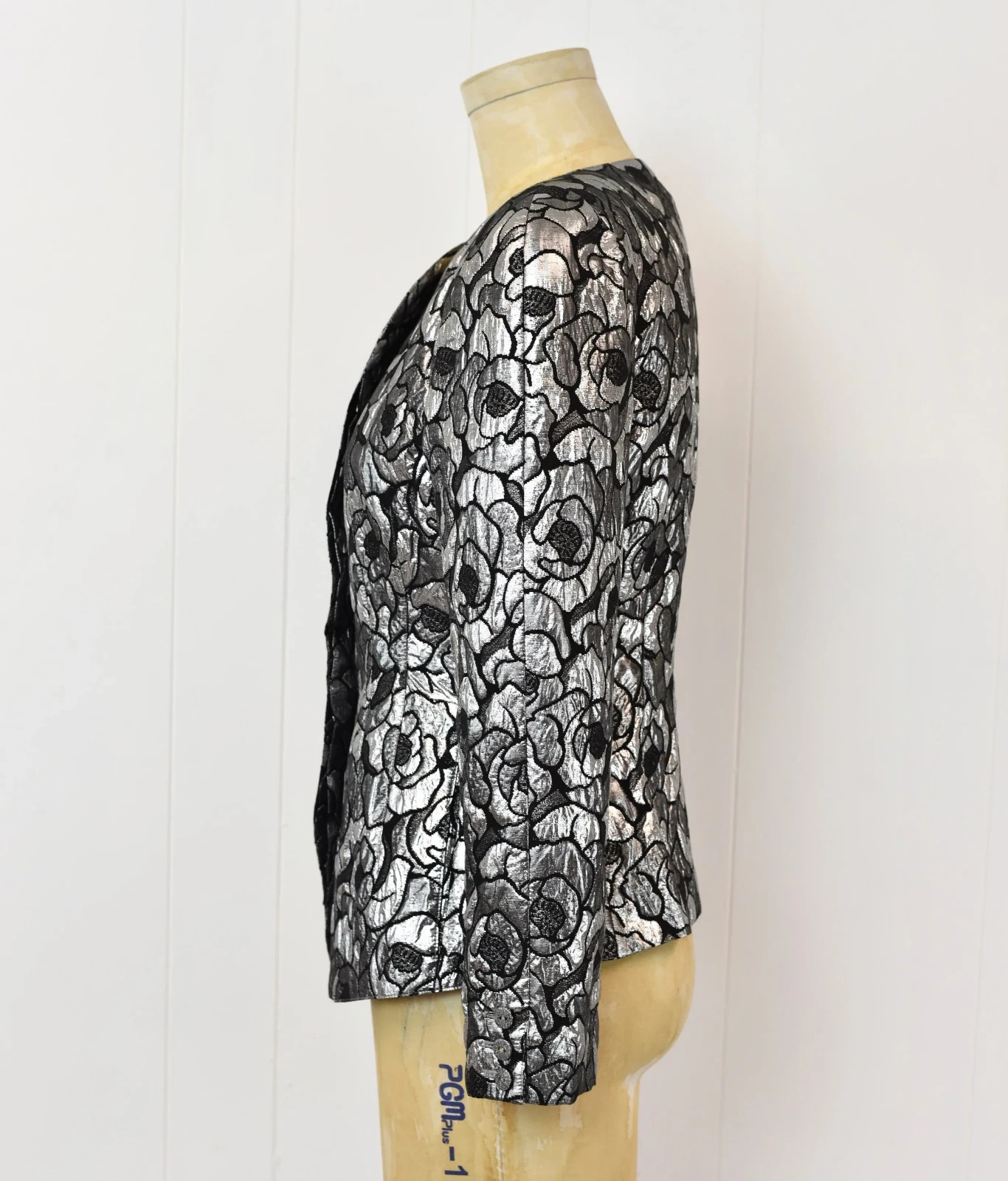 Vintage 1980s Krizia Metallic Silver Black Floral Lurex Blend Jacket Blazer