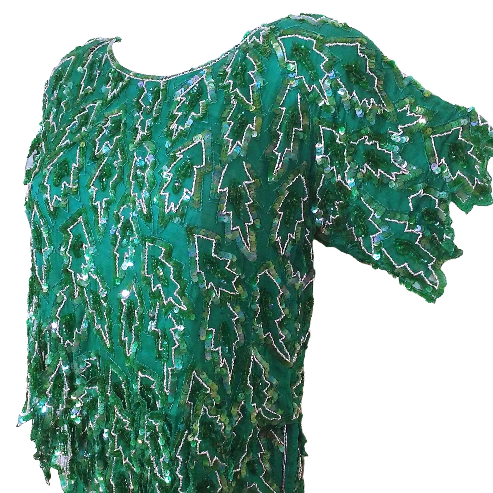 Vintage 80s Scala 2-pc Set Gatsby Silk Sequin Beaded Leafy Blouse Skirt -M Teal