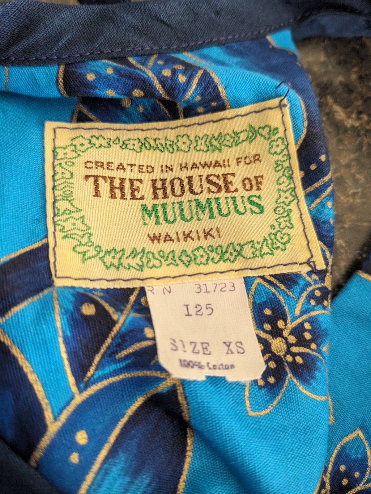 Vintage 60s 70s House of MuuMuus Waikiki Hawaiian Dress Gold blue navy ties XS