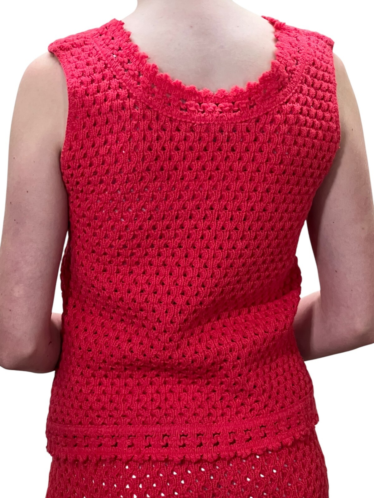 XS~ S Vtg 60s Coral 2 Pc Dress Set Open Knit Sears Acrylic Sweater Skirt Outfit
