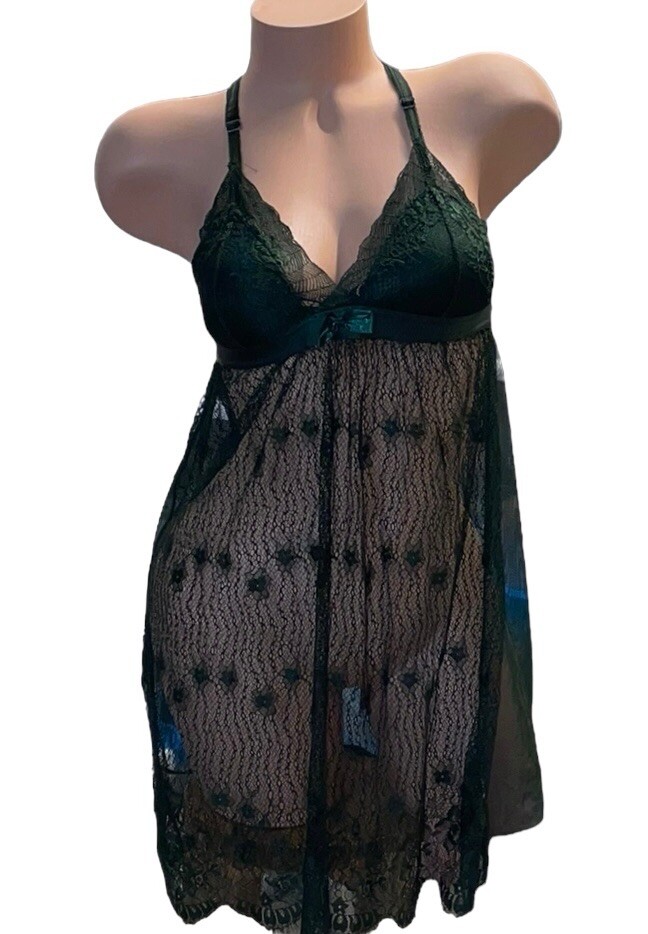 Vintage Dark Green Sheer Mesh Lace Bow Nylon Nightgown Womens NOS