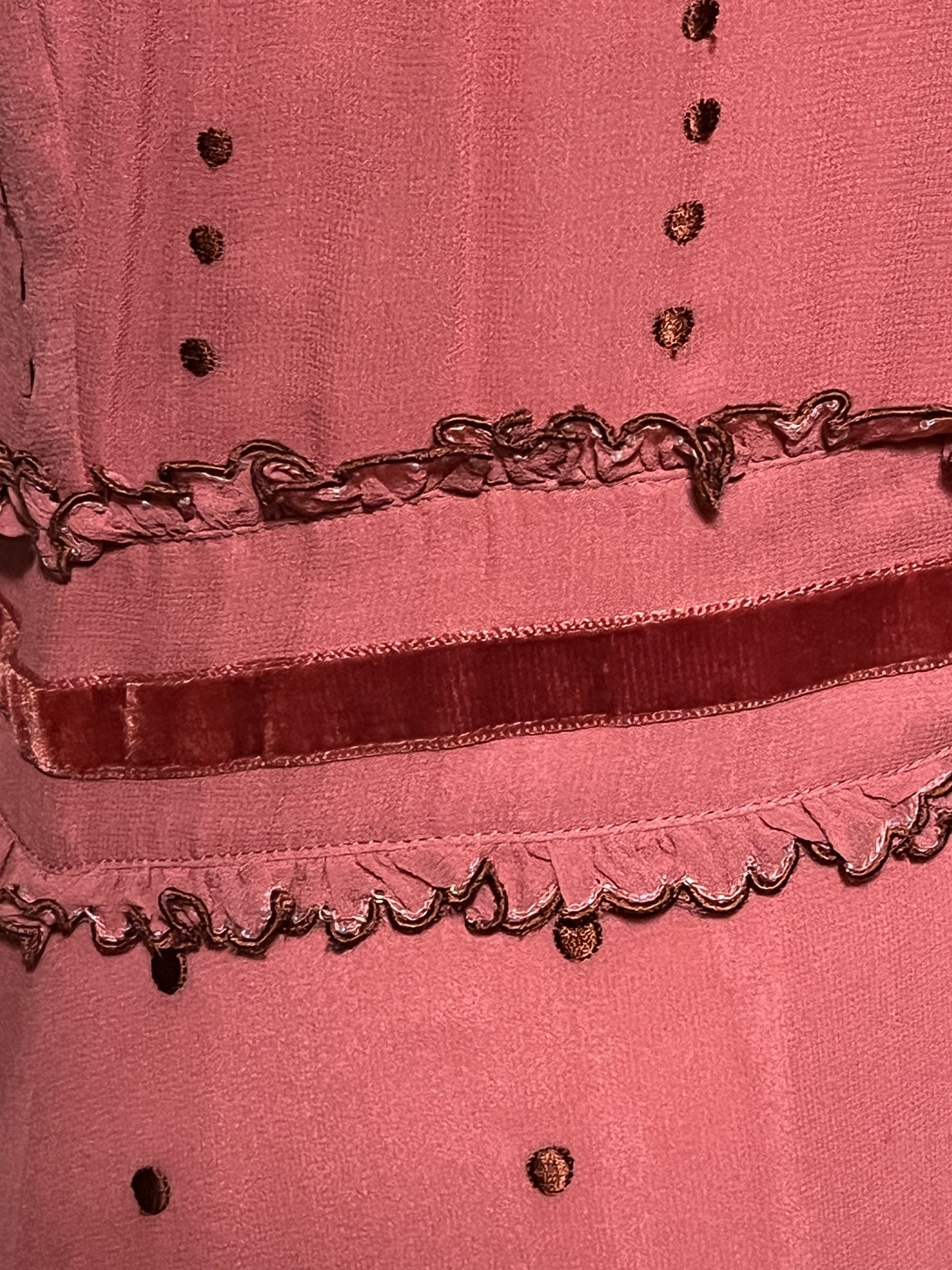 Vintage Anthropologie Lithe Dress- Size 4- Pink Ruffle- Red Velvet & Silk Lining