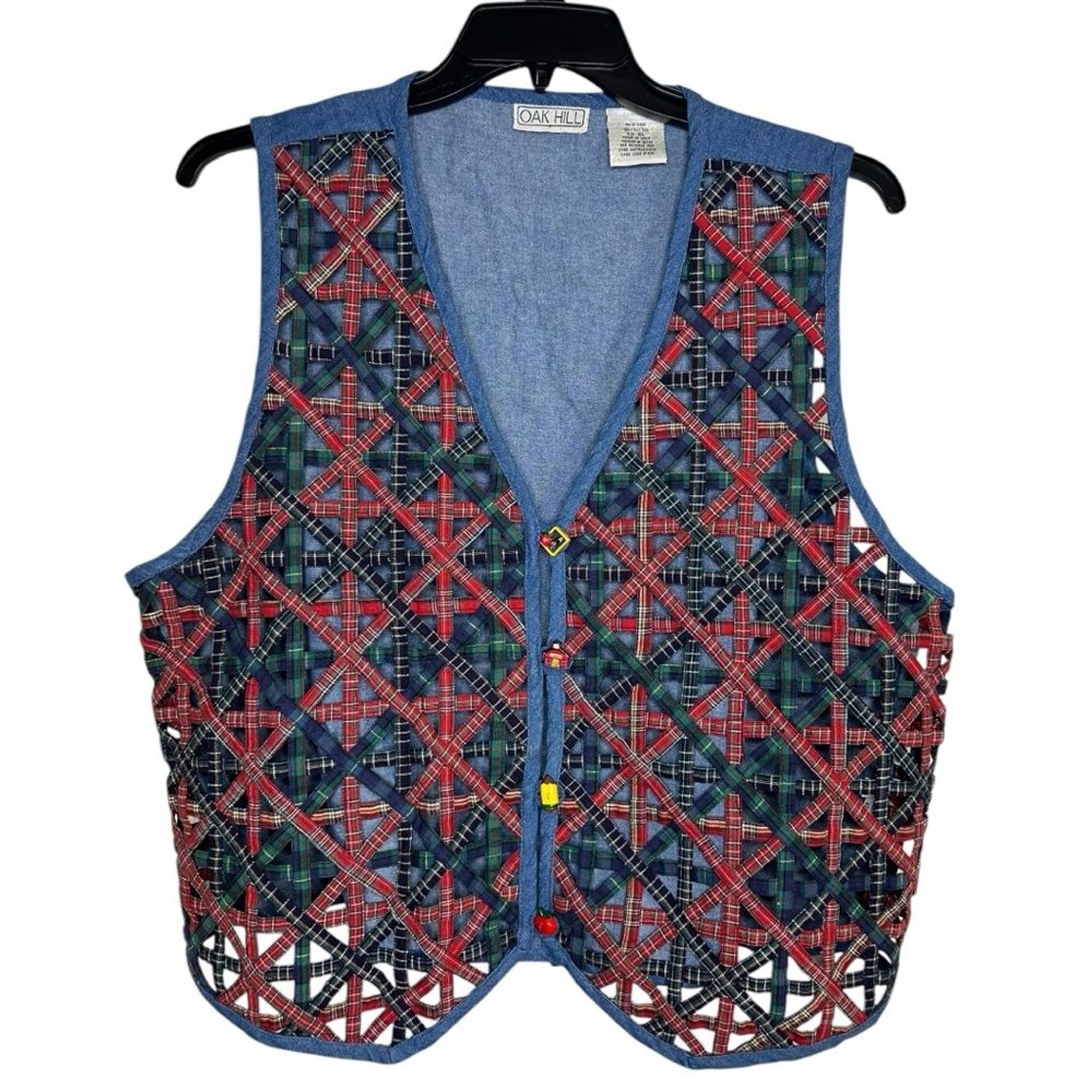 VTG Oak Hill Back To School Caged Plaid Denim Cute Buttons Teacher Vest Size XL