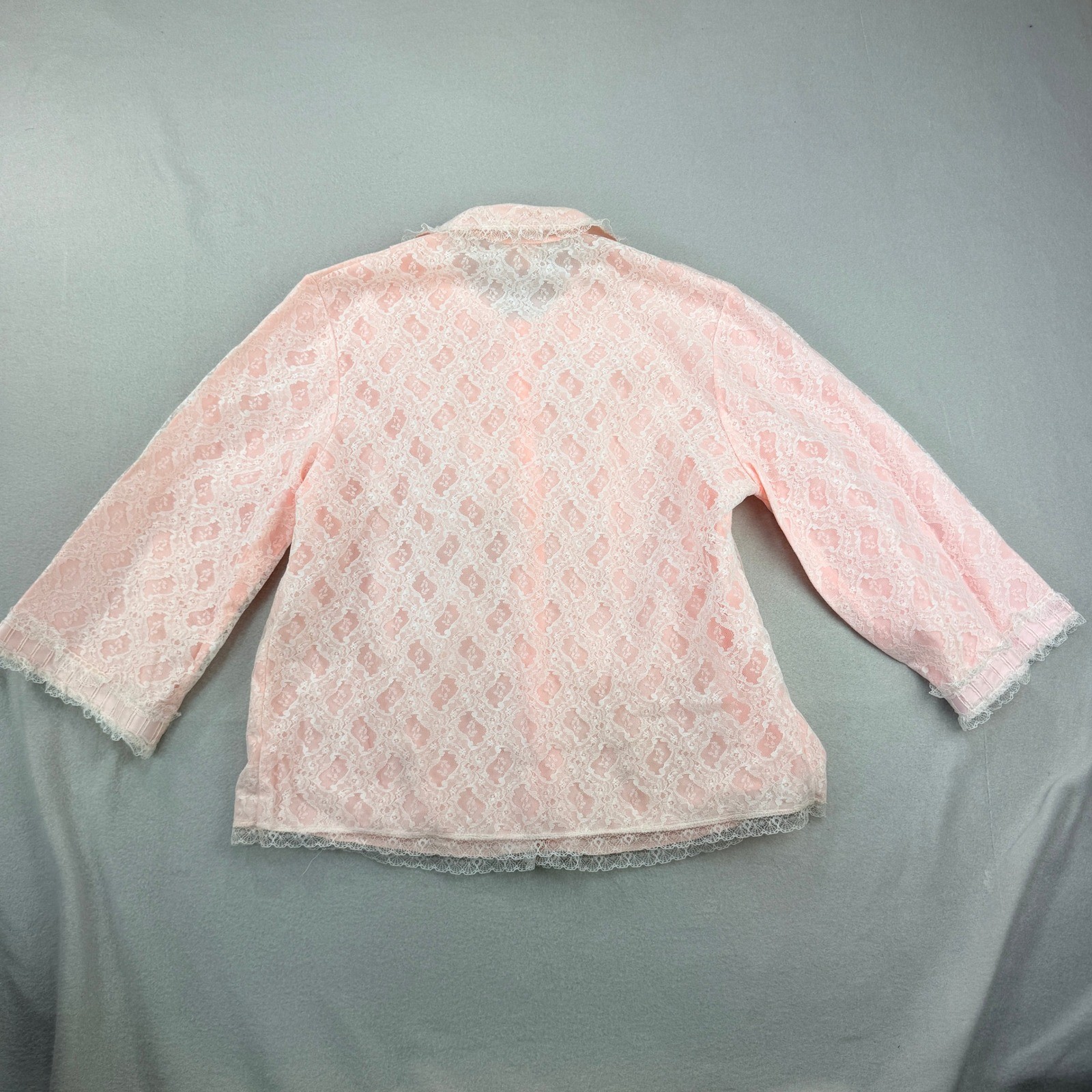 Vintage Nanette Pink Floral Lace Bed Jacket 3/4 Sleeve Ribbon Tie Small Lined