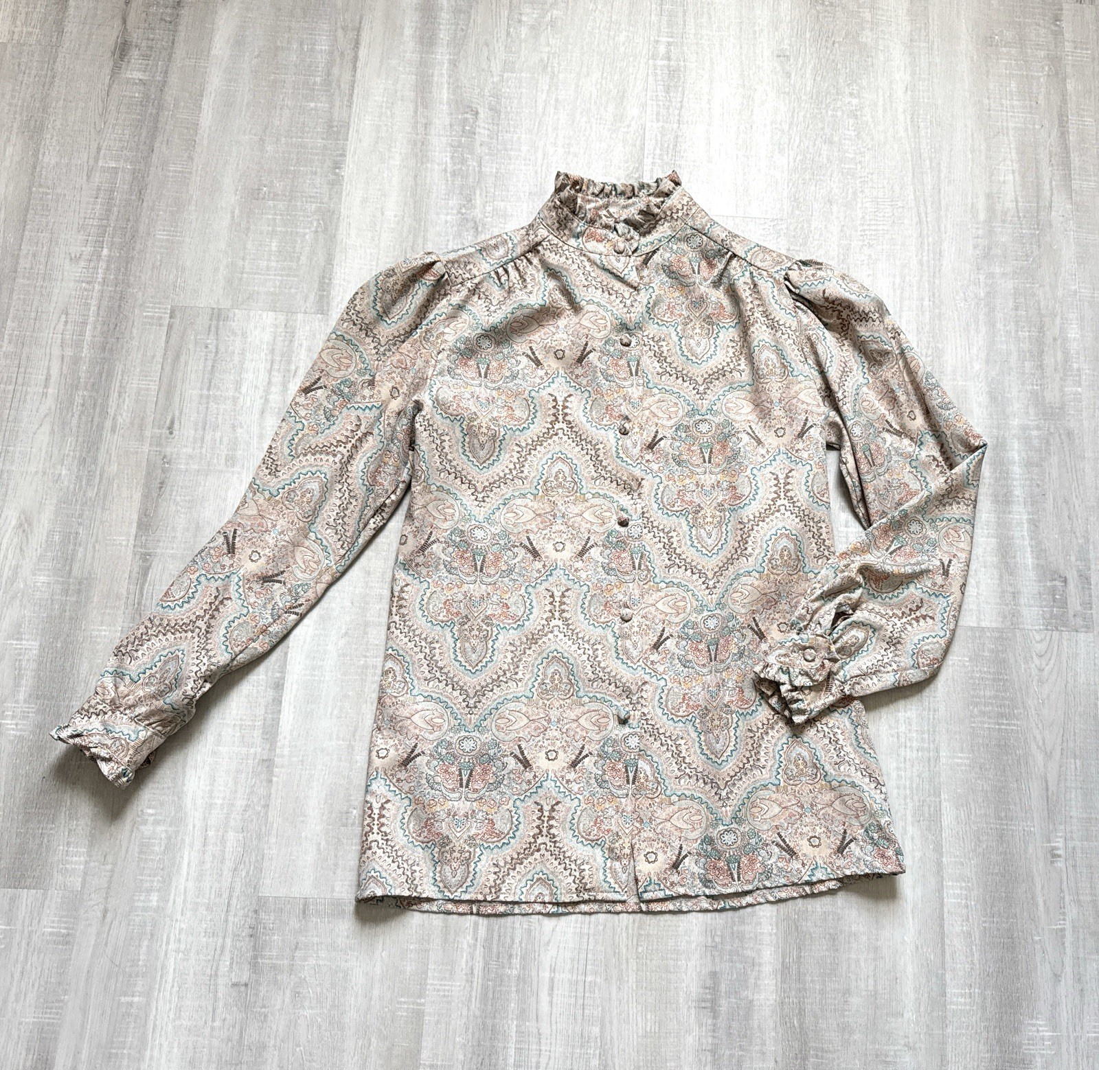 1970s 1980s Silky High Neck Ruffle Collar and Cuff Blouse