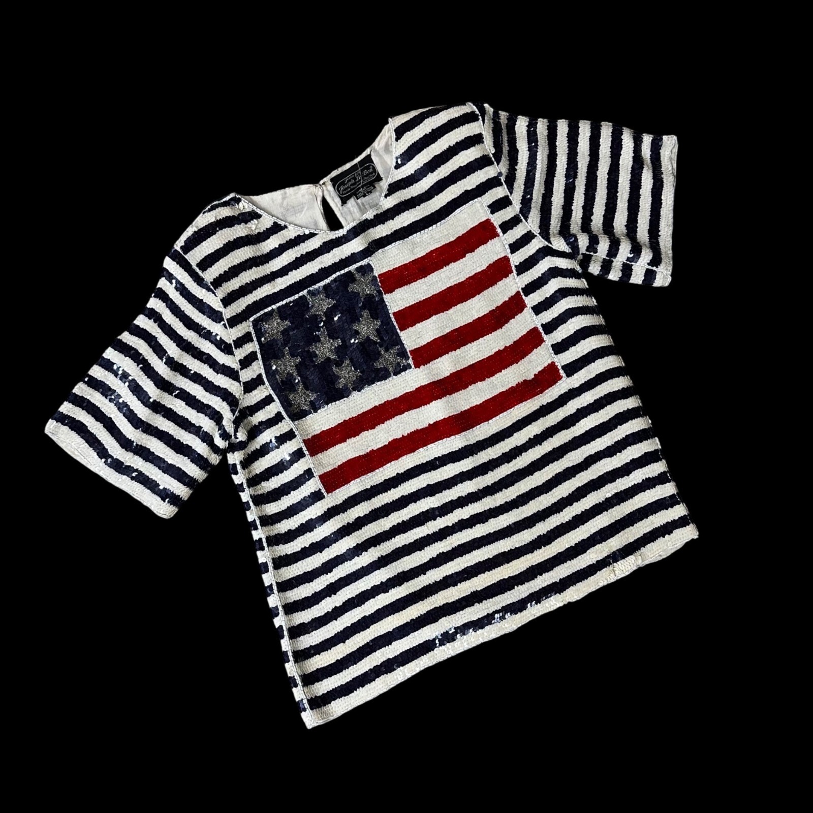 Vintage Sequin American Flag Shirt Blouse Size L Silk 1980s Patriotic July 4th