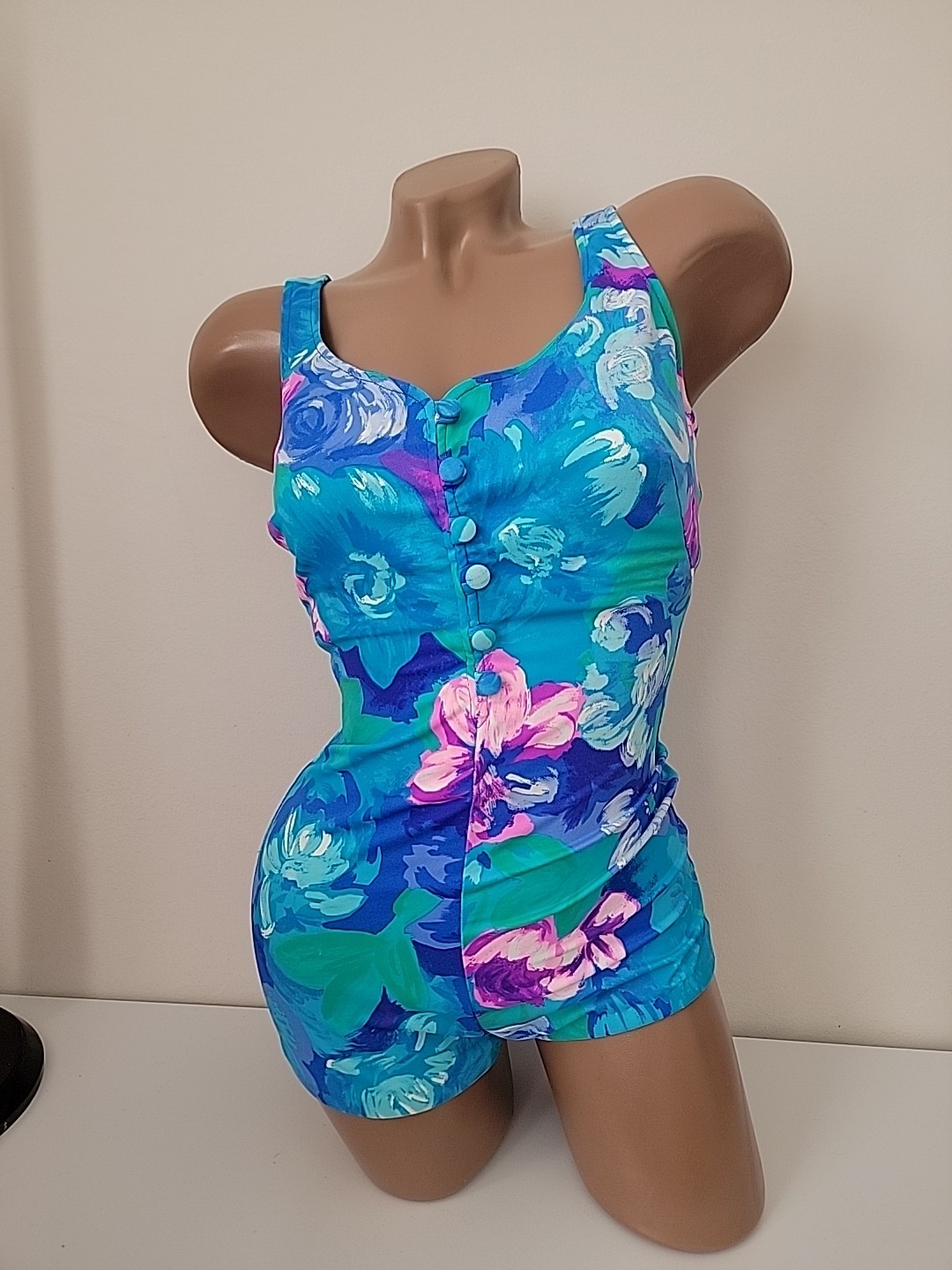 VTG Maxine Of Hollywood Floral One Piece Swimsuit Ruched Blue Pink Pinup 12