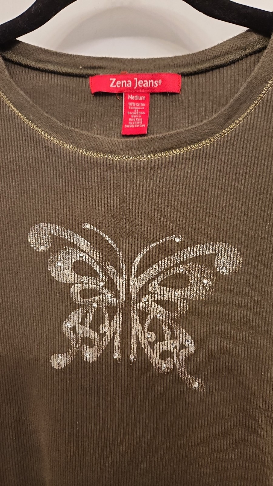 VTG 90s Y2K Army Green Metallic Butterfly Top 3/4 Size Sleeve Top Women’s M