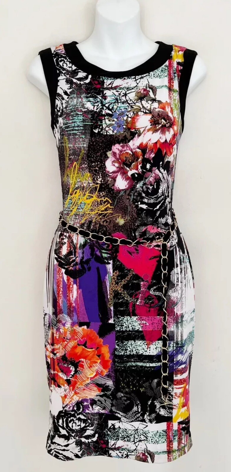 CACHE Dress 2 Colorful Floral Sleeveless Stretch Chain Belt Career Office Siren
