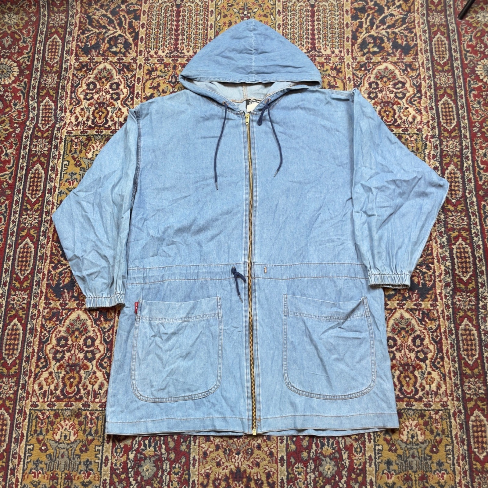 VTG 70s LEI Chambray Denim Hooded Riding Parka Jacket Talon Zip Longline Women M
