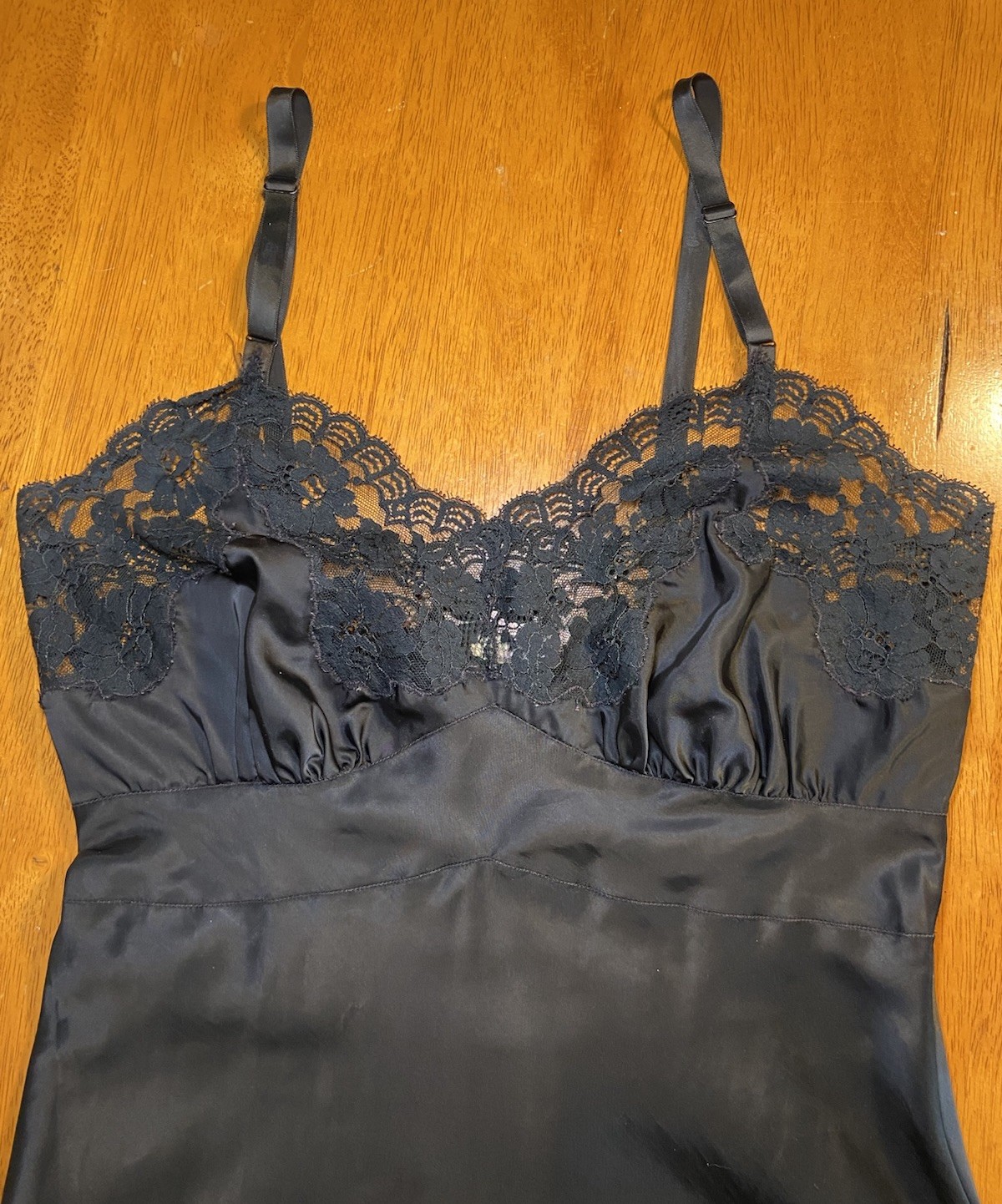 1950’s Black Colony Club Rayon Satin Slip Sexy Vintage Lingerie Lace Mid Length