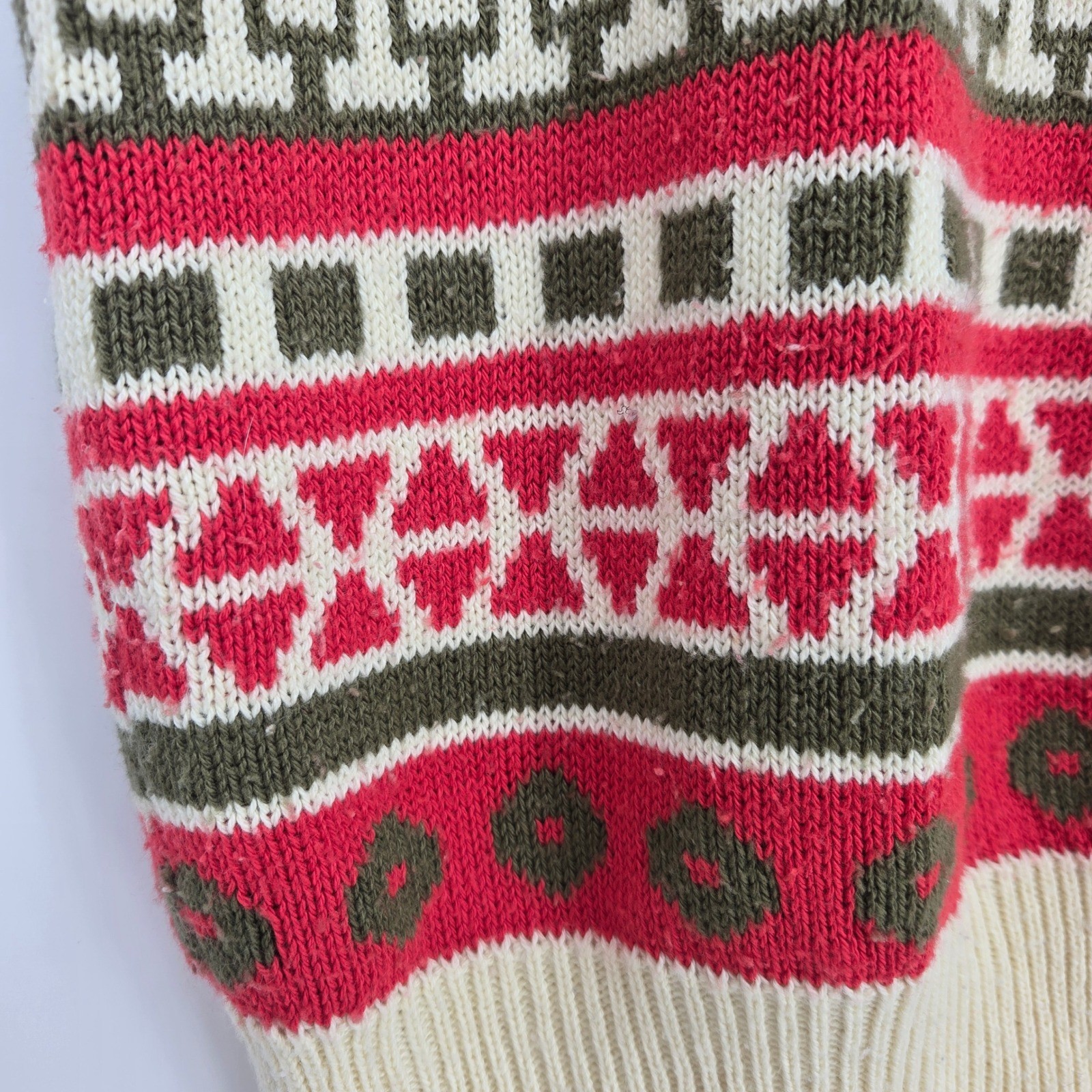 Vintage Geometric Pattern Knit Short Sleeve Sweater Red Green Cream Womens Large