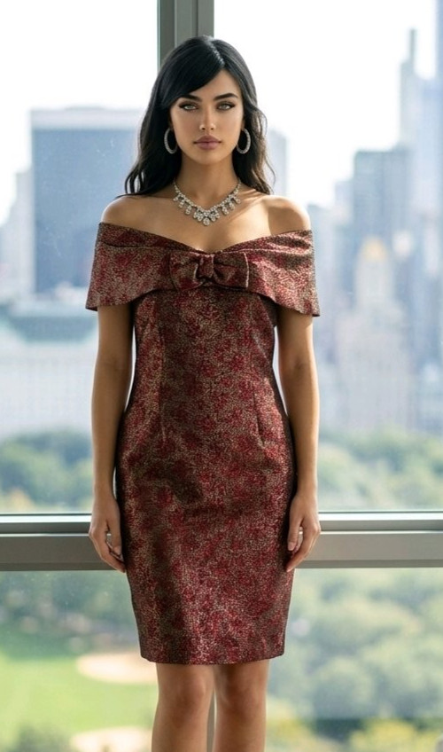 Vintage 60’s Sheath Cocktail Dress Red Gold Metallic Bow Elegant Luxury Glam S/M