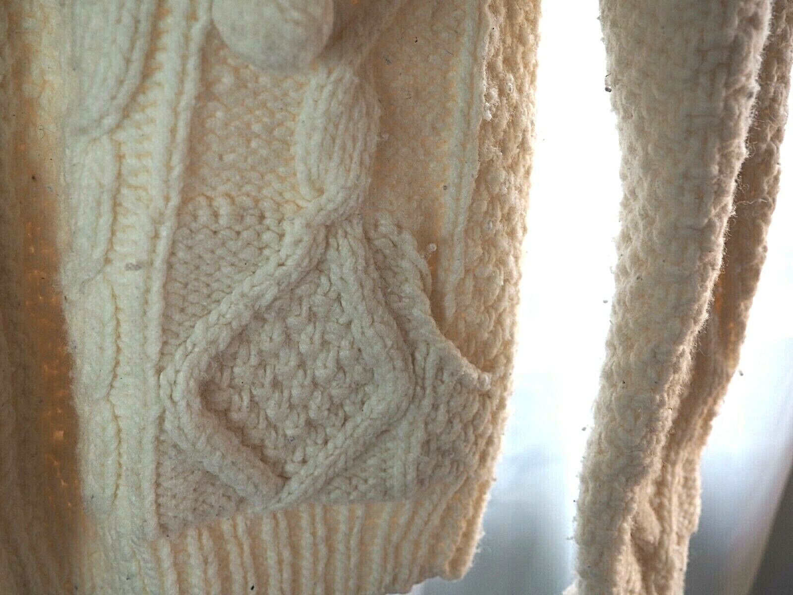VTG 70s Colors of the Andes 100% Wool Ivory Cableknit Zip Hood Pockets Sweater M