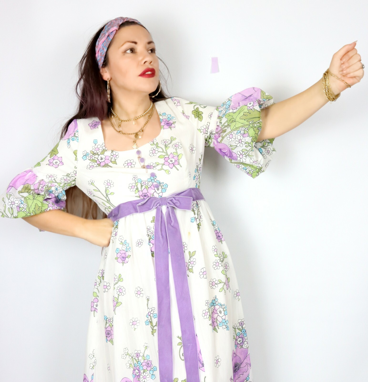 Purple Floral 70s Maxi Dress Ladies S Boho Hippy Retro Festival Prarie Vintage