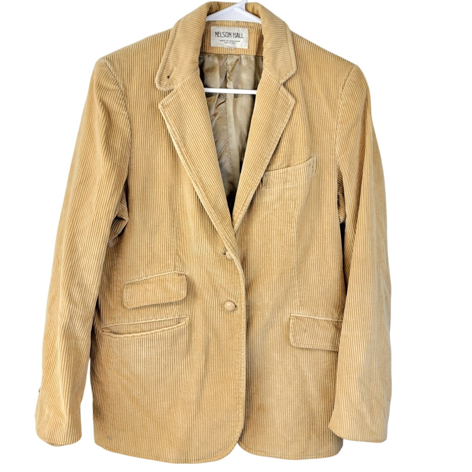 Vintage 70s Corduroy Blazer Jacket Women Medium Tan Utility Coat Collar Winter