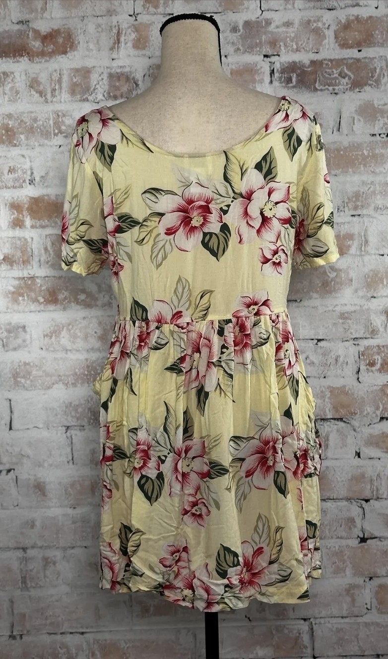 Vintage Moda Int’l Shirt Dress Floral Tropical Hawaiian Hibiscus Luau Yellow