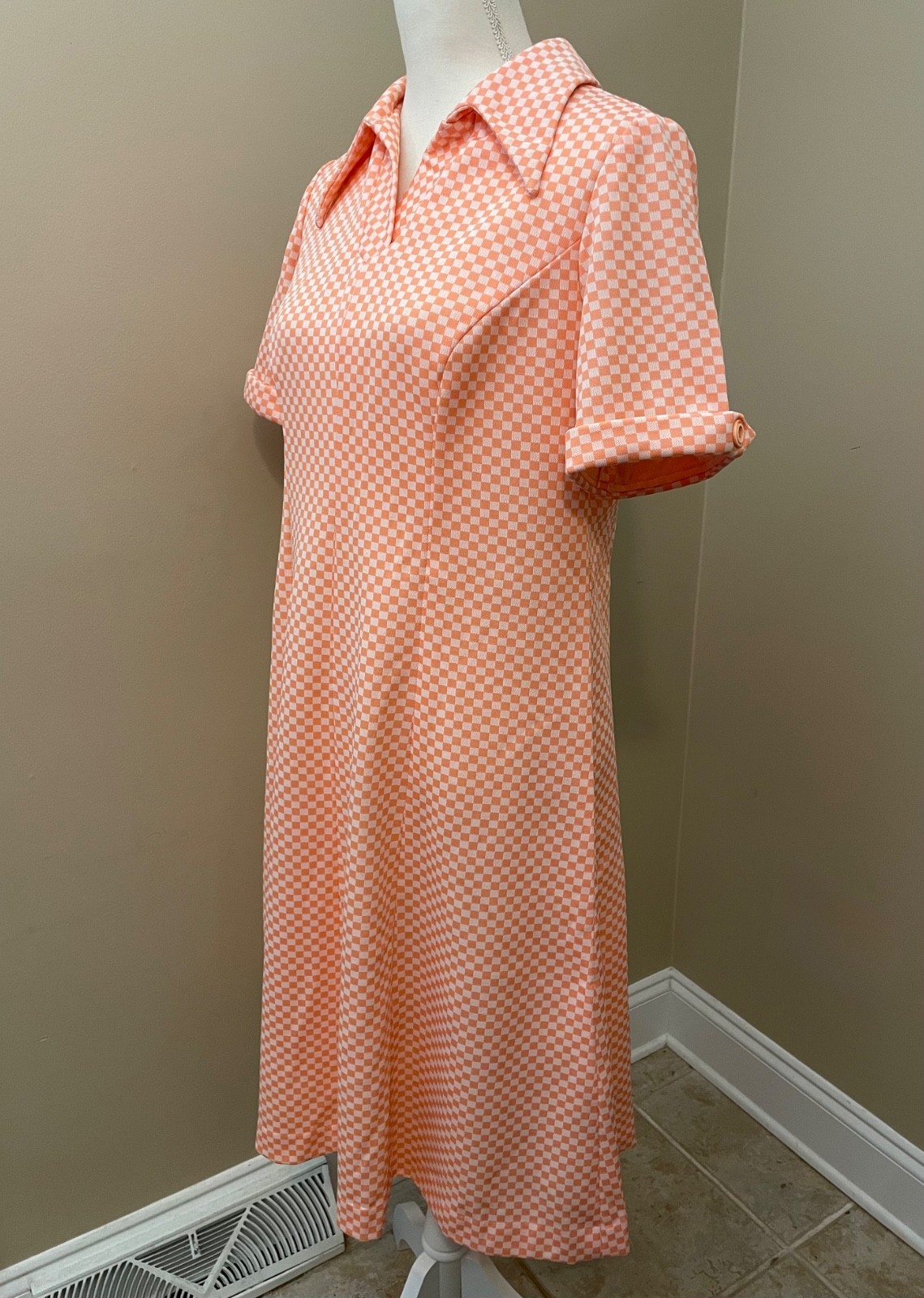 Vintage 1970s Orange & White Checkered Shift Dress – Size Medium