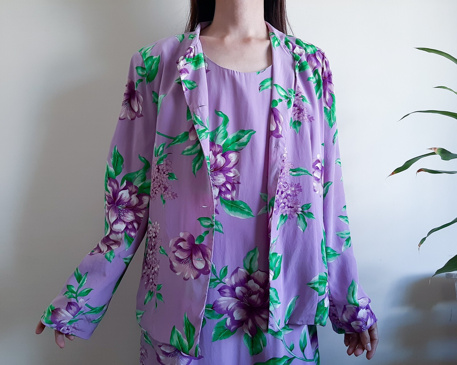 METRO STYLE Purple Floral 100% Silk Dress Jacket Set 2 Piece set Size 16 Size XL