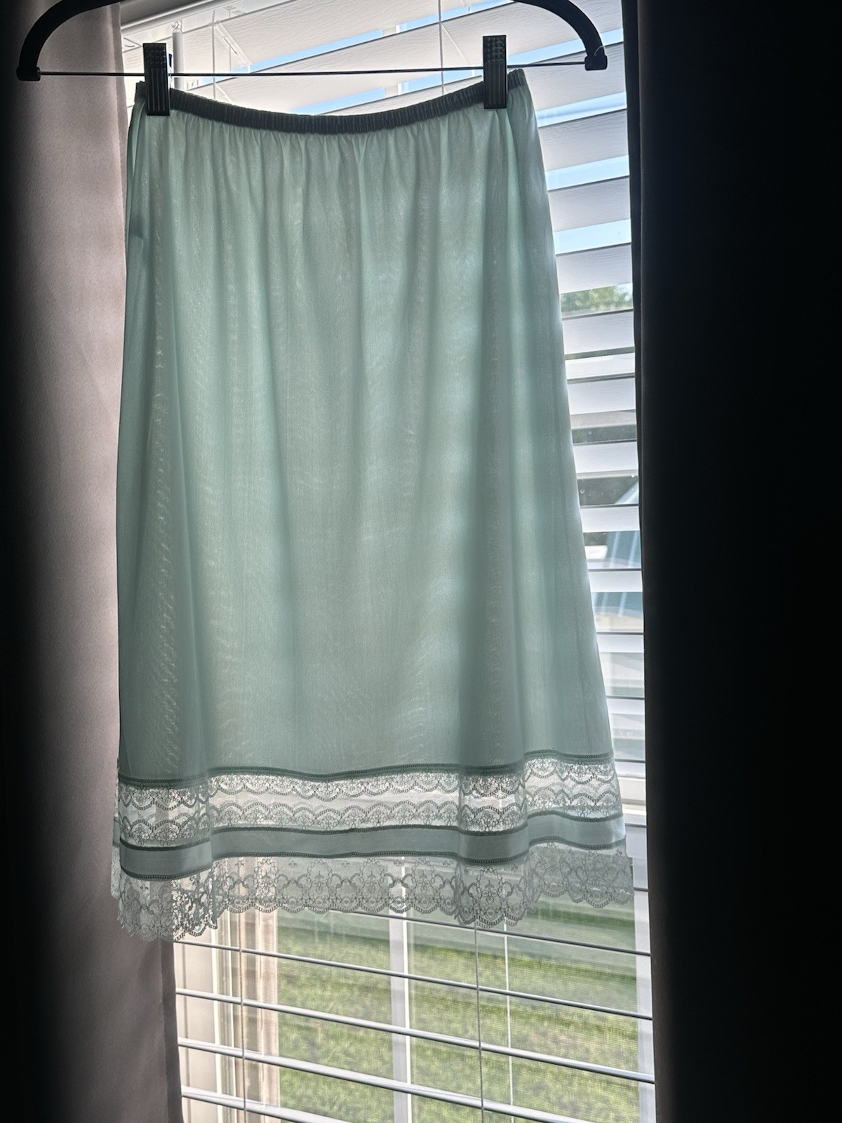 Vtg Vanity Fair Half Slip S Long Ice Blue Antron III Nylon Lace Trim Made USA