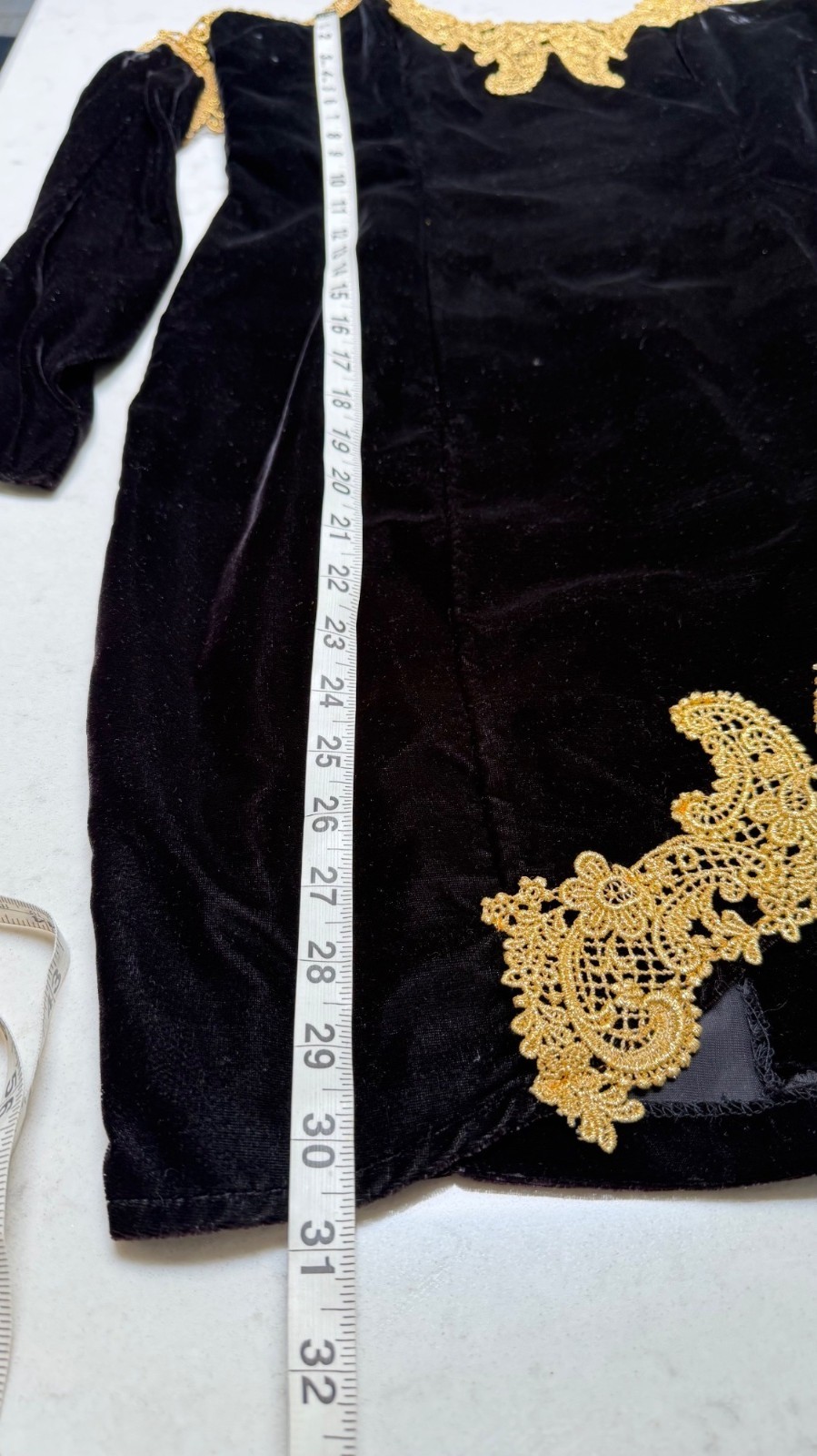 Vintage Fashion 1001 Nights Black Velvet Gold Lace Off Shoulder Dress USA Sz 13