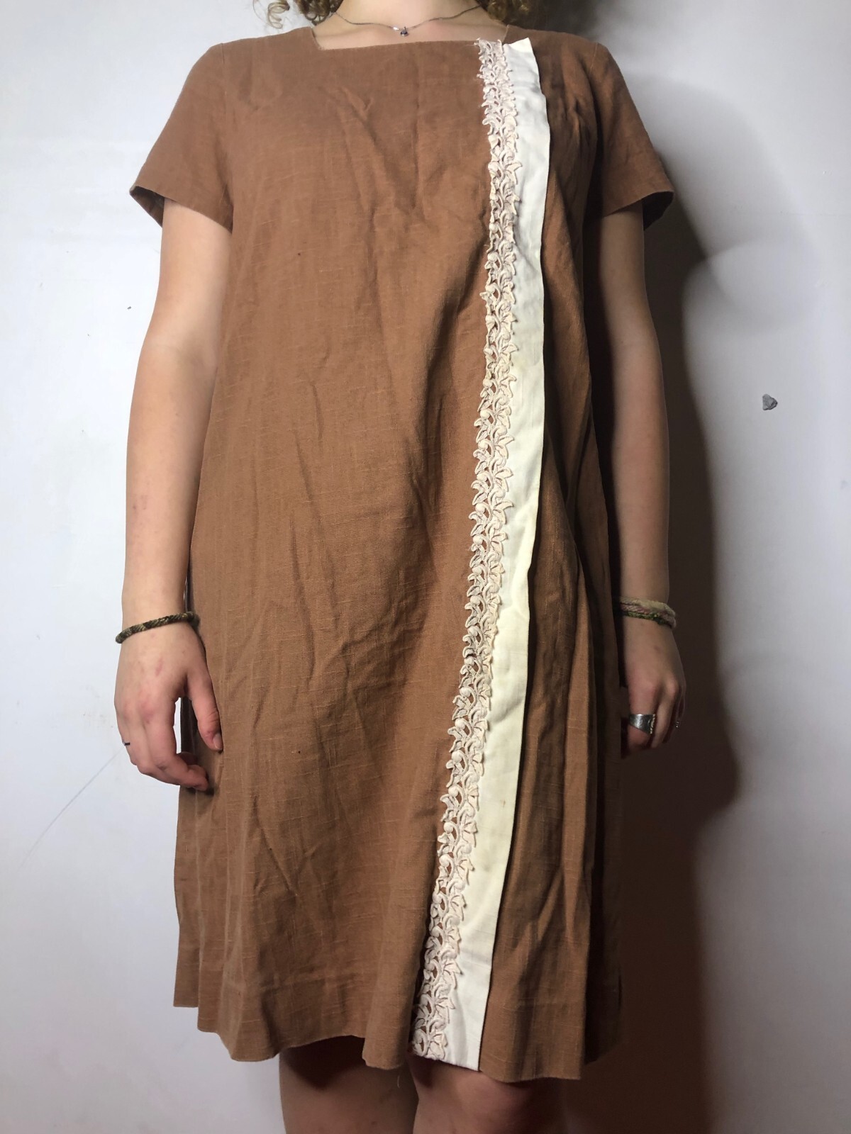 Vintage Revelry 1960s Brown Tunic Dress Linen with Embroidery AU 14