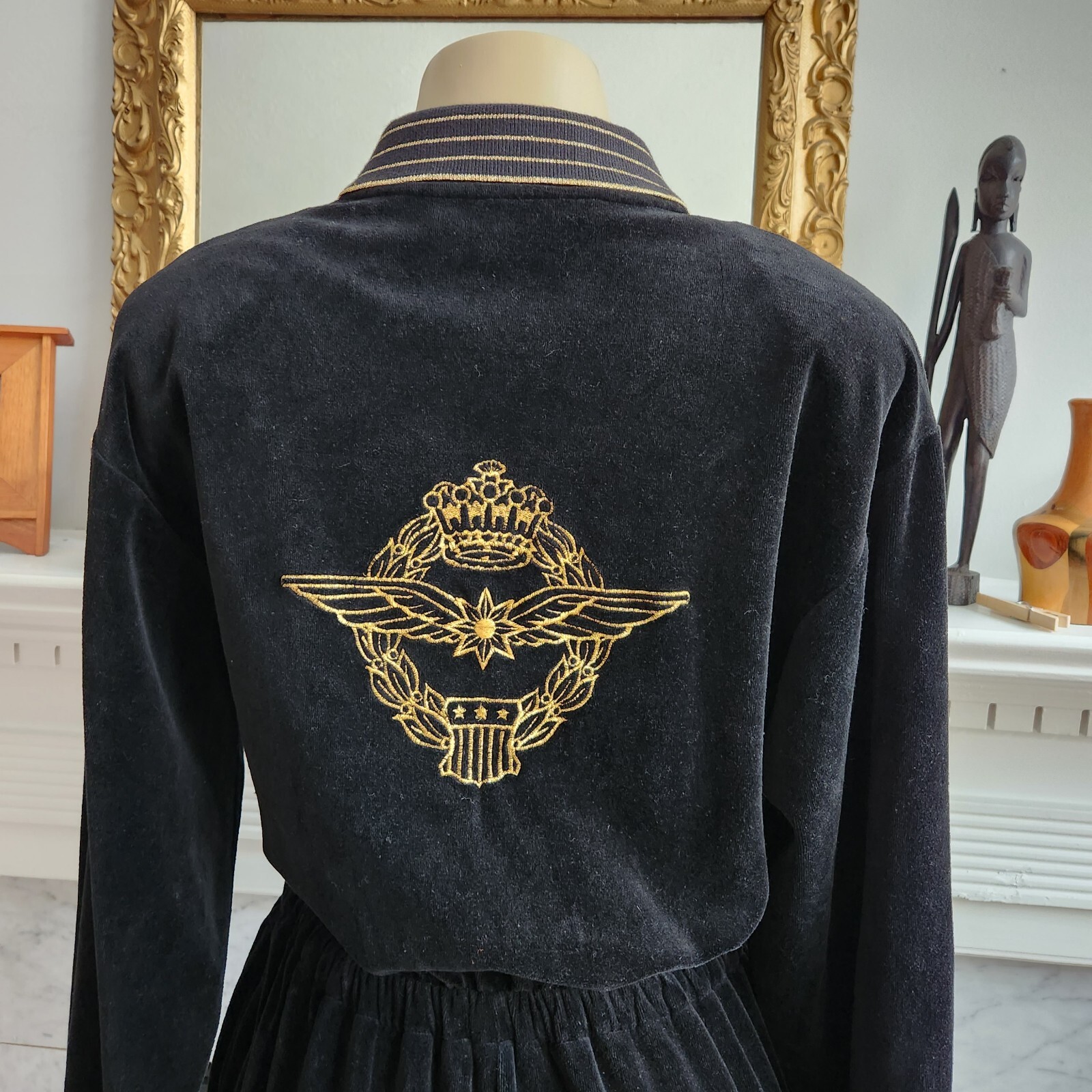 Vintage 80s Black Velour Jumpsuit Size Medium Embroidered Metallic Gold Retro
