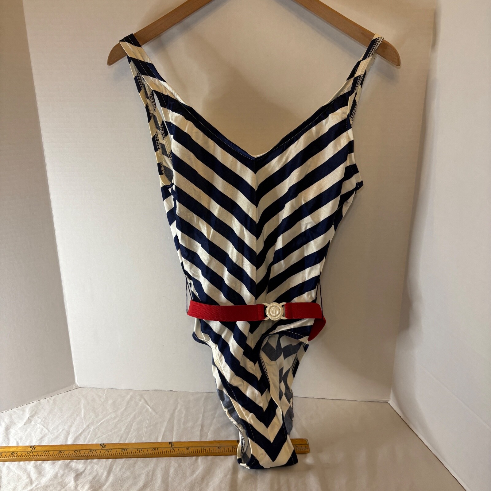 Sun Bound Swimsuit Sz 12 Vintage 80s Sears Navy Red White Sailor Belted OnePiece
