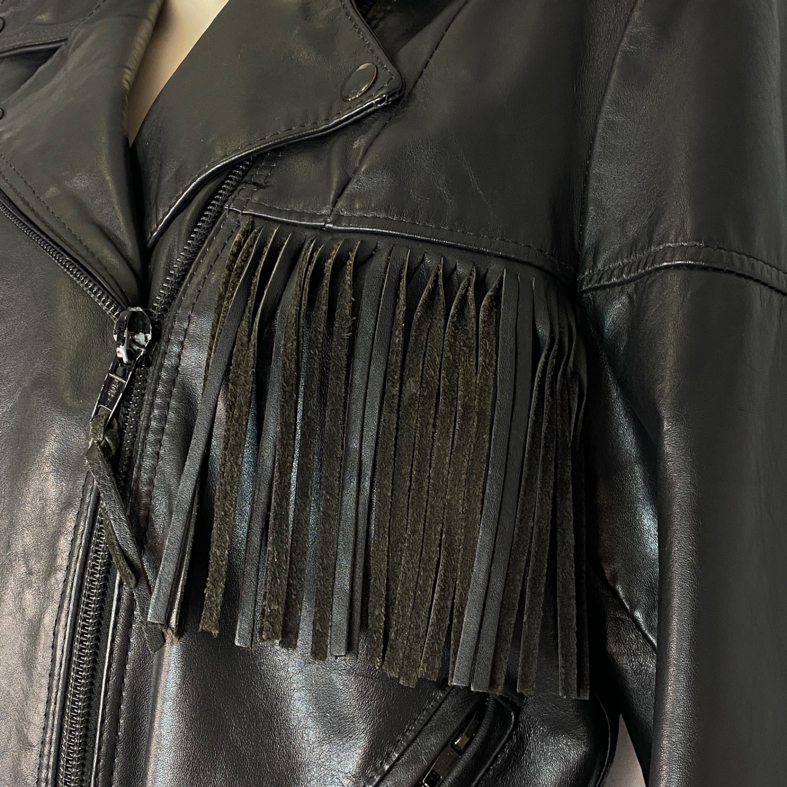 Vintage black leather fringe jacket women’s S M moto rocker biker TAURUS