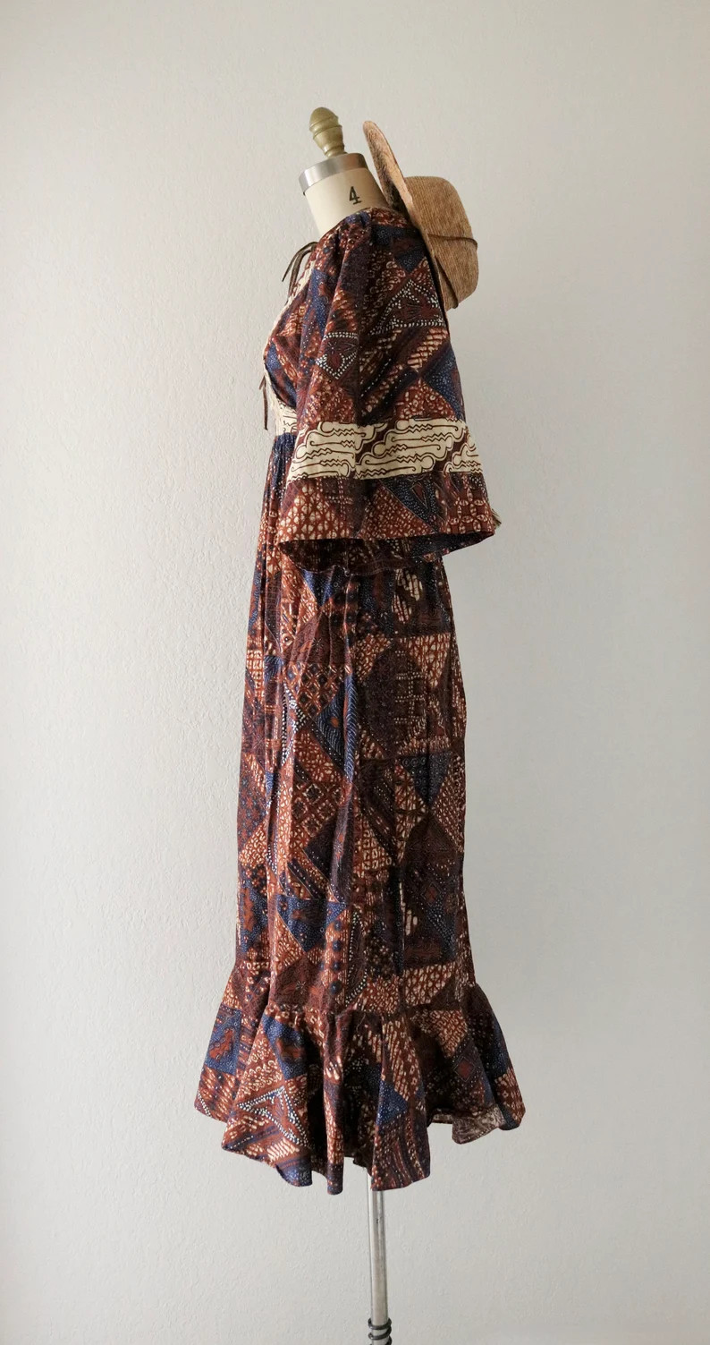 70s Young Innocent by Arpeja Batik Prairie Boho Dress Bell Sleeves – Sz X Small