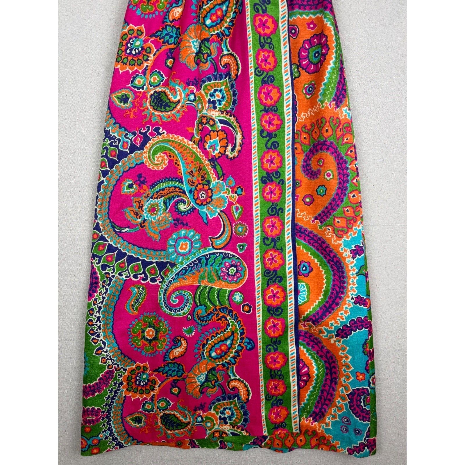 VTG Psychedelic Paisley Floral Maxi Dress Pink Orange Green Garden Party Boho