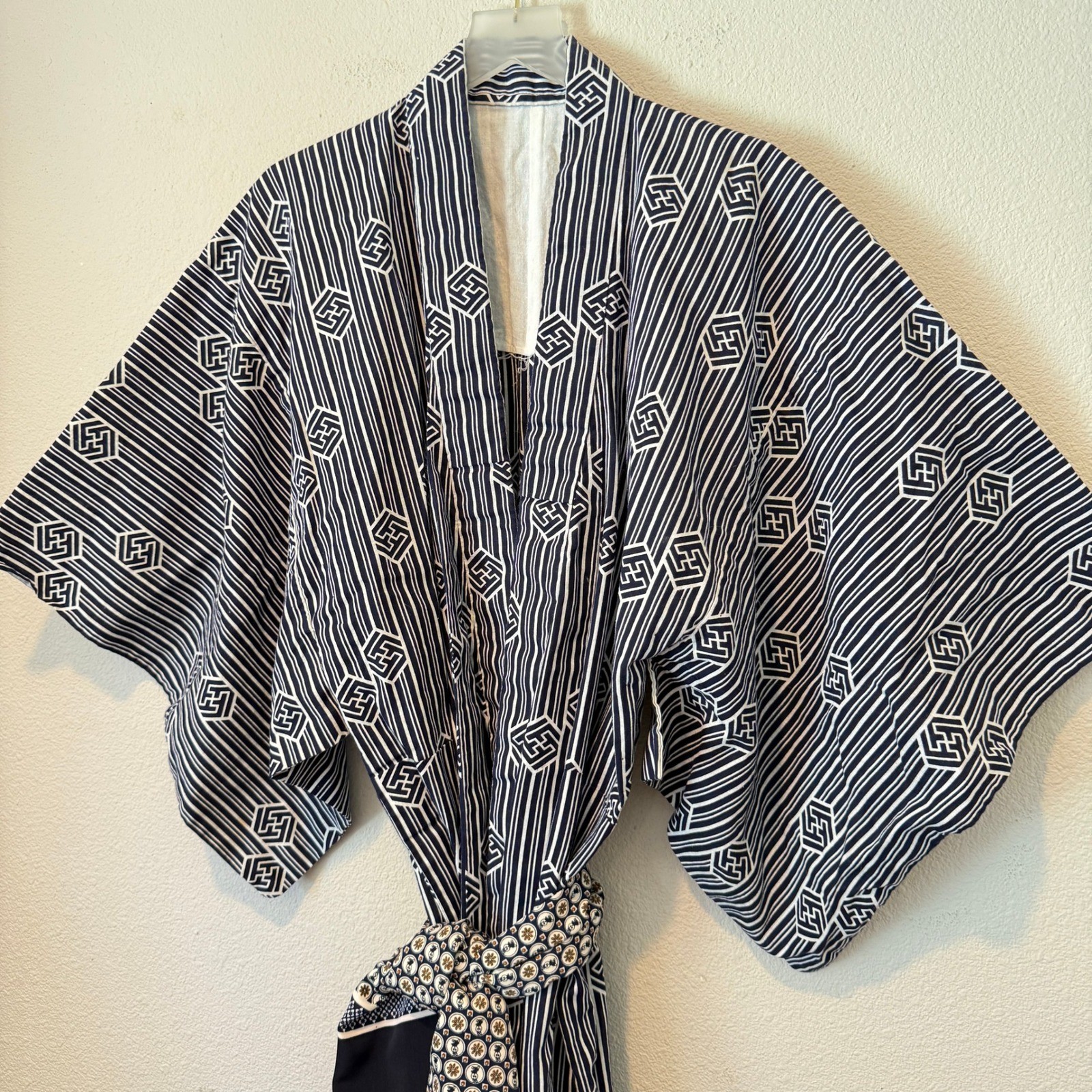Vintage Japanese Yukata Robe Navy Blue White Geometric Striped Cotton with Sash