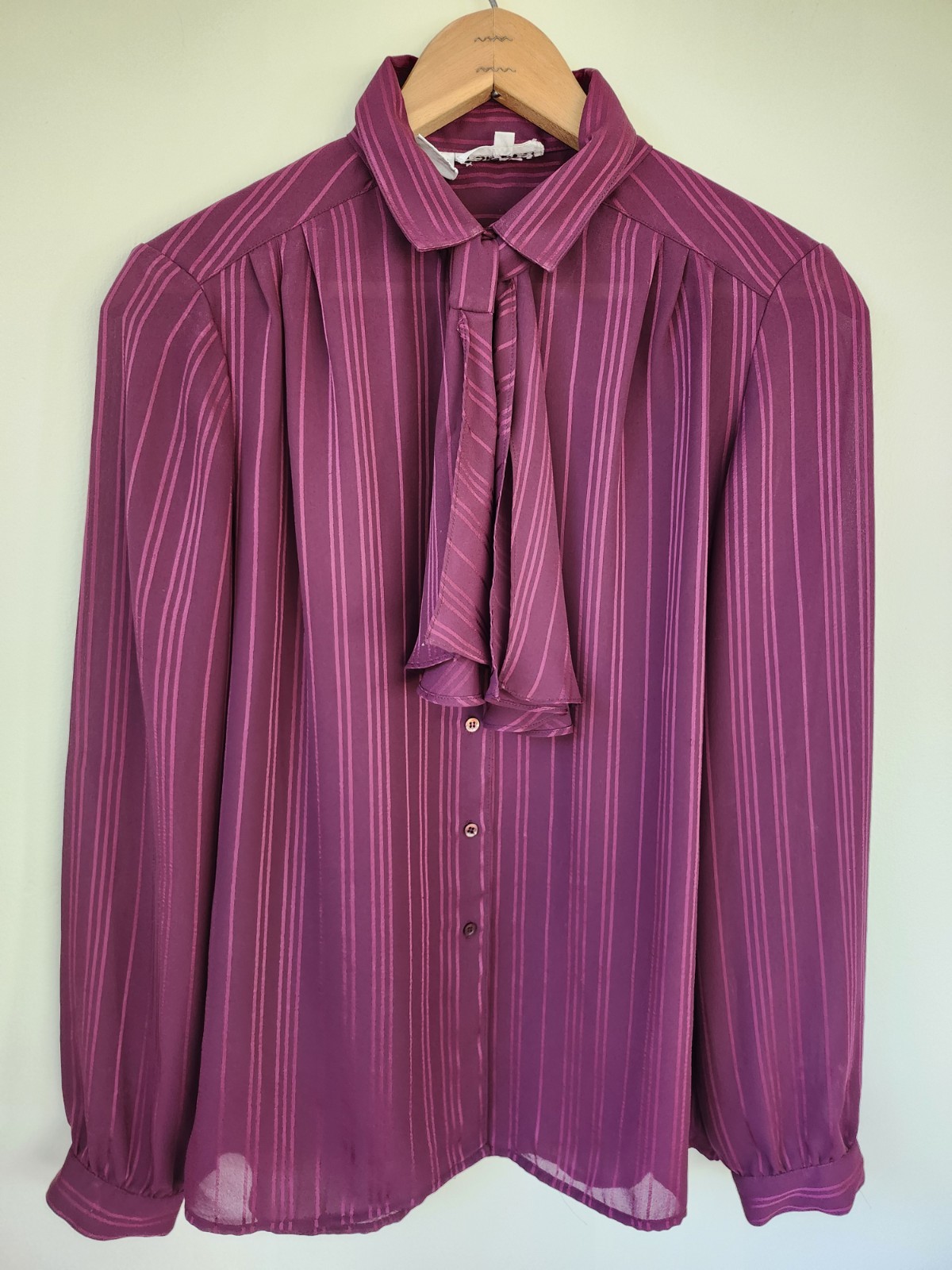 Vtg Retro Tie Neck Blouse Plum Color Grandmacore Button Shirt Sheer Pinstripe