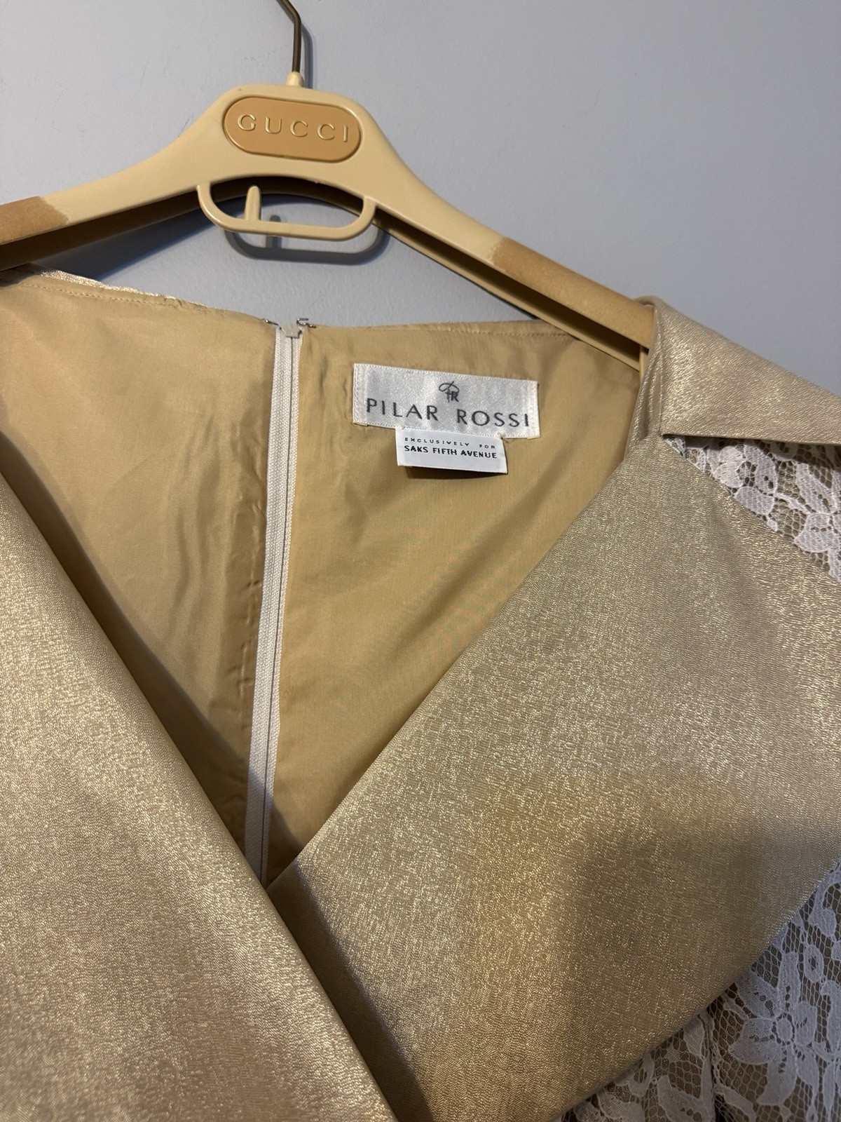 Vintage Pilar Rossi Lace & Metallic Gold Dress Saks Fifth Avenue 90s M USA