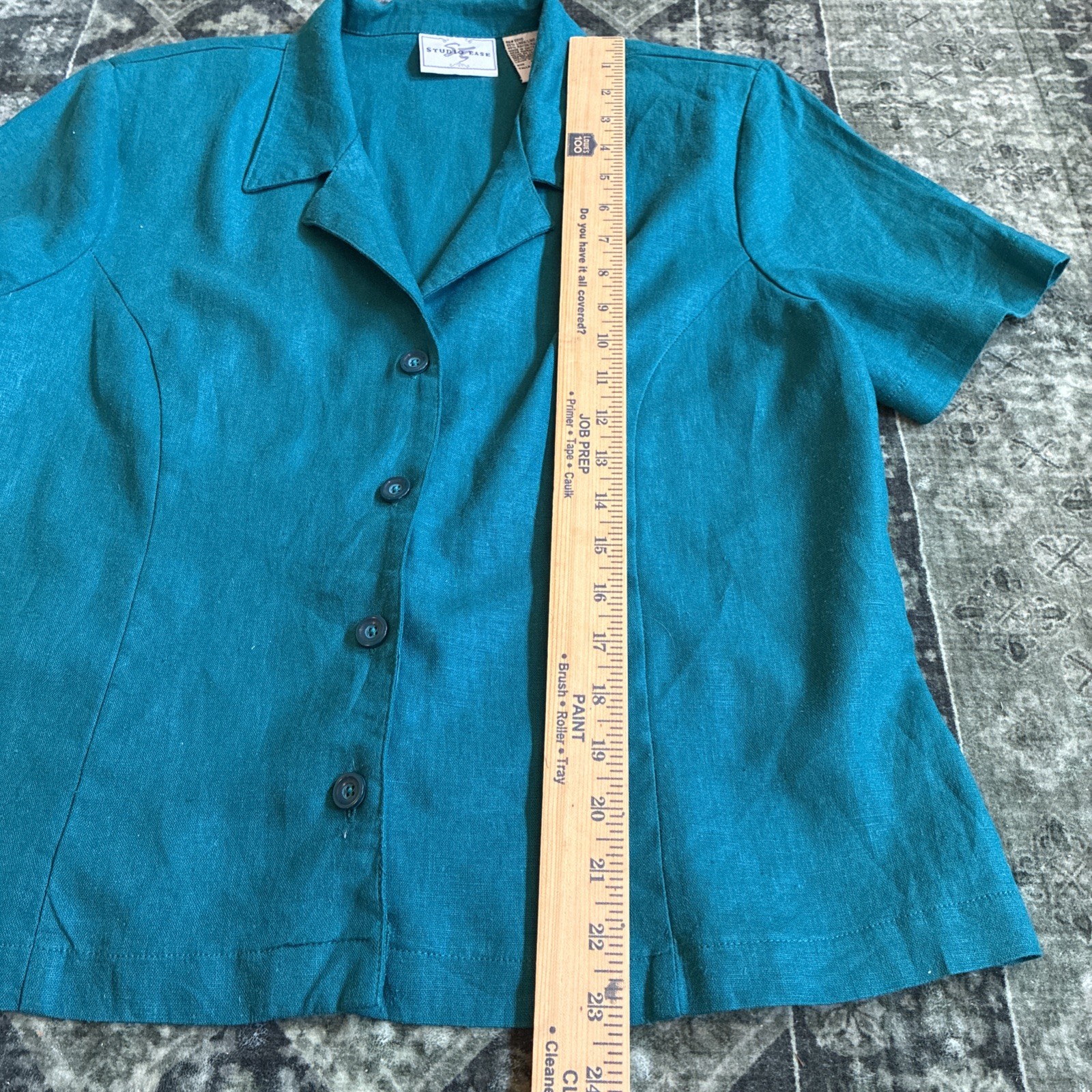 Vintage Linen Teal Collared Button Up Blouse Large Short Sleeve Blue Green 90s