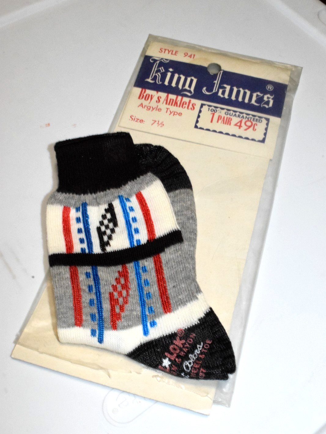 Argyle Socks VTG King James 40s 50s Gray Black Red Checker Argyle 6 x 6 Boys 7.5