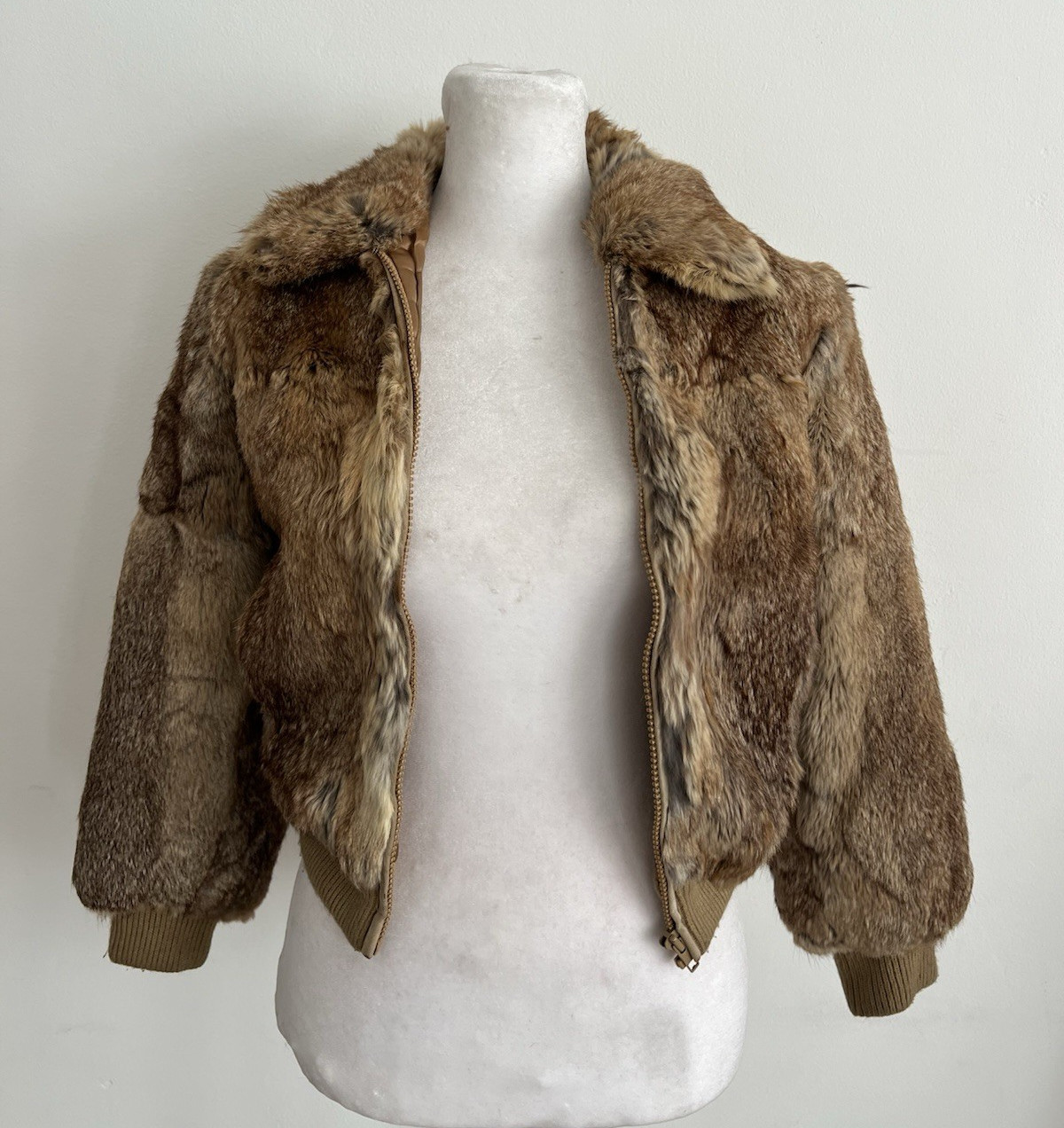 Womens Brown Rabbit Fur Zip Jacket Size 8 Long Sleeve Short Winter Casual