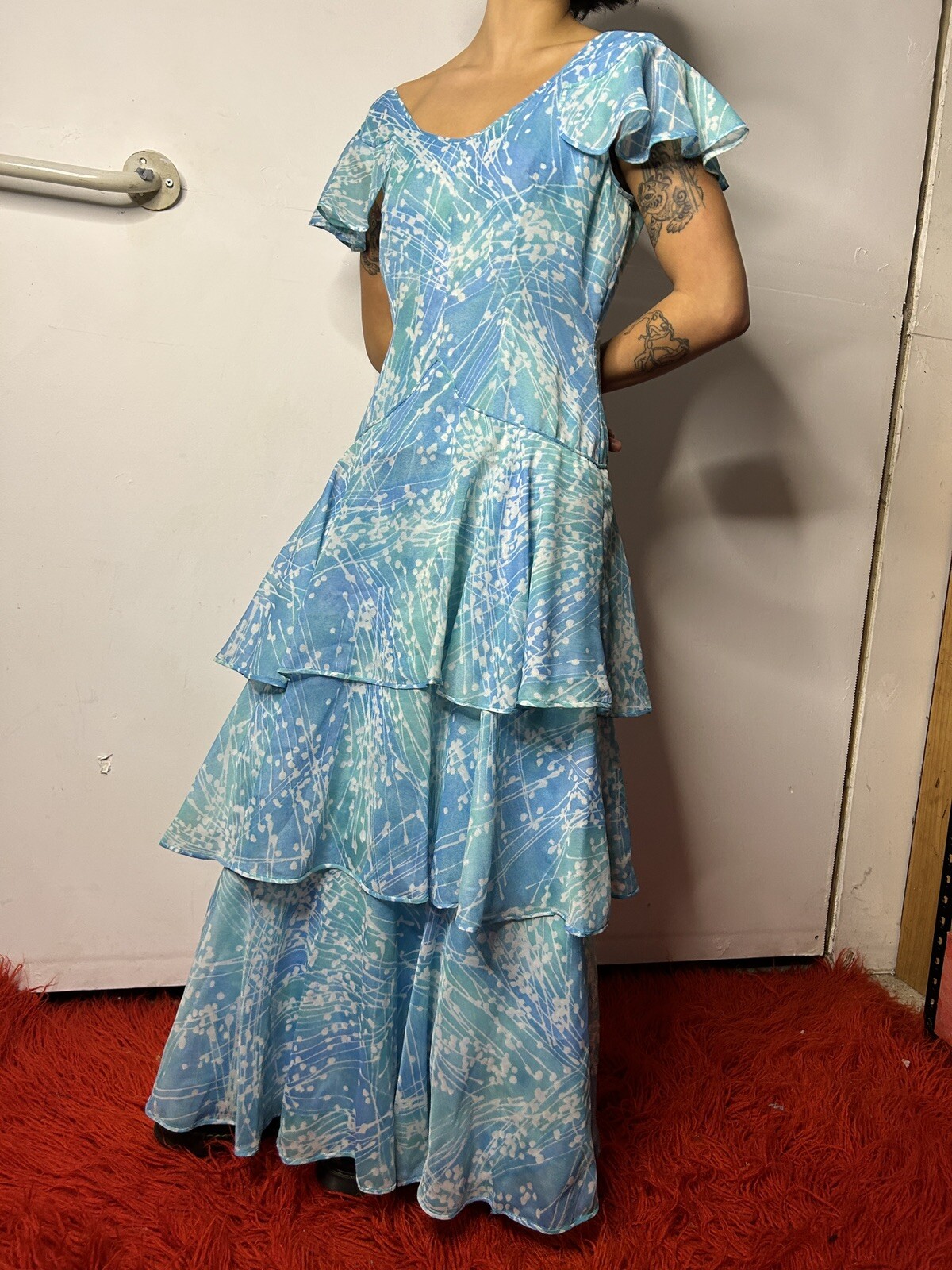 Vintage 1950s 1960s Handmade Tiered Gown Dress Blue Nylon Flutter Sleeves AU 8