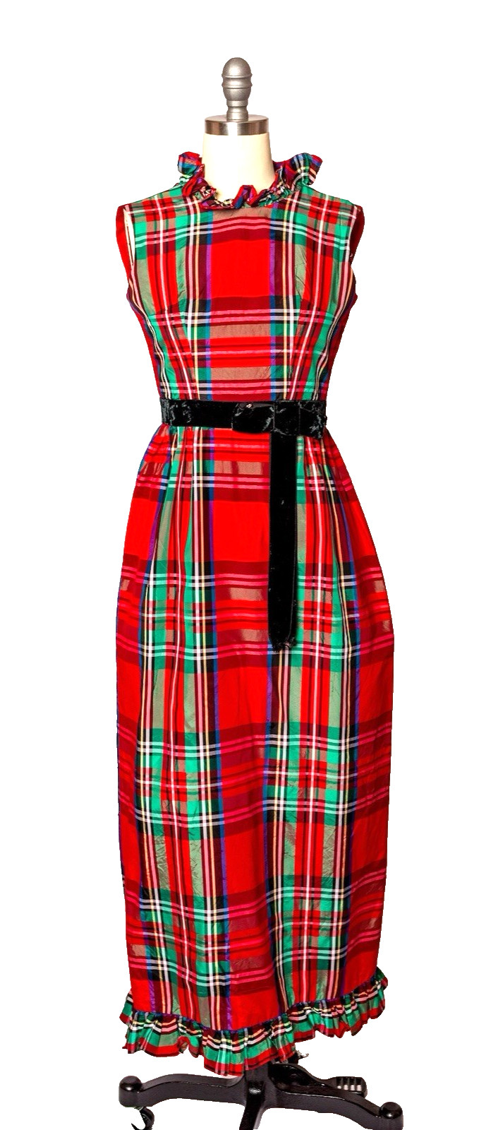 Vintage Norman Sacks Long Red Plaid Ruffled Dress Size XS