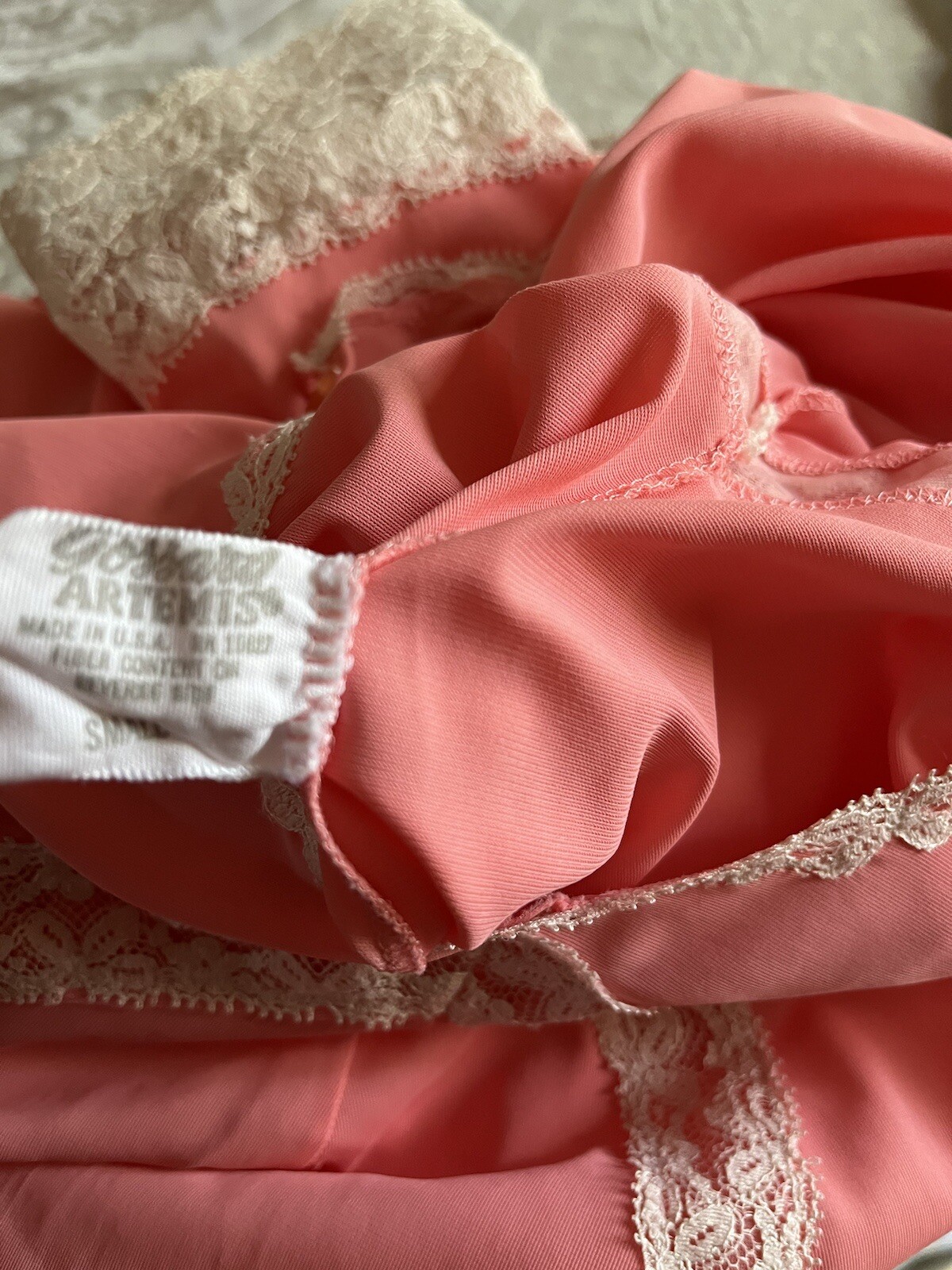 Vtg Nightgown Artemis Angel Wing Flutter Sleeve Nylon Lace Candy Pink Coral 36 S