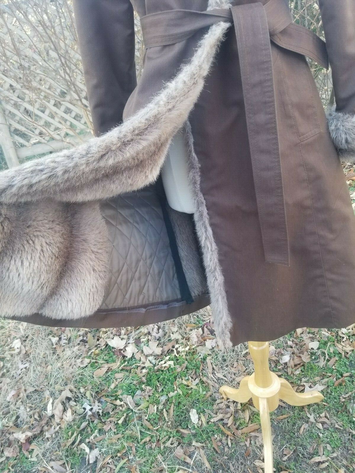 Vibtage 1970s Khaki brown trench robe coat faux fur lining hooded belted fits S