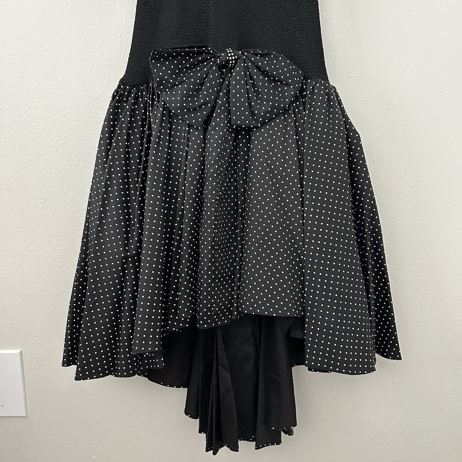 Vintage 80s Polka Dot Prom Party Dress Balloon Puff Sleeve Drop Waist Hi-Low Hem