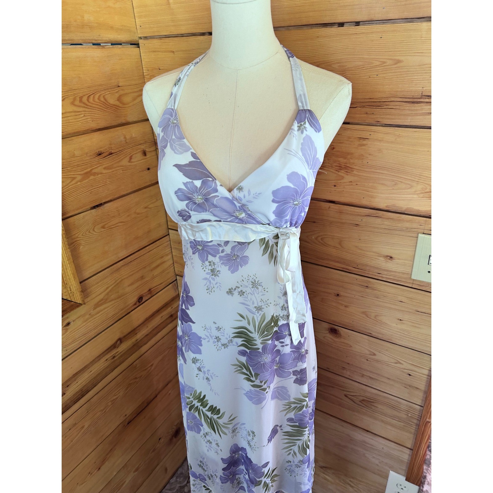 Vintage Halter Dress Womens Size 6 Purple Floral Handkerchief Hem Midi Mariposa