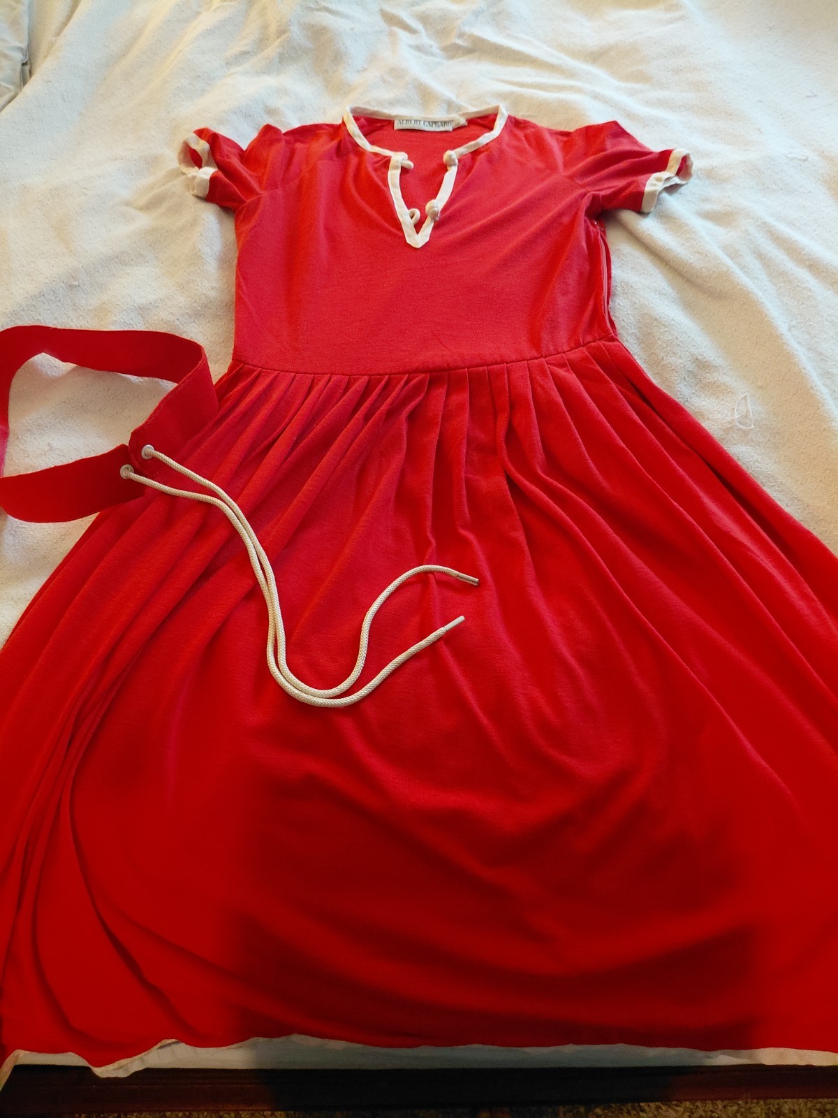 Vintage 70s 80s Albert Capraro Red-Orange Jersey Pleated Belt Dress Sz 4 Small