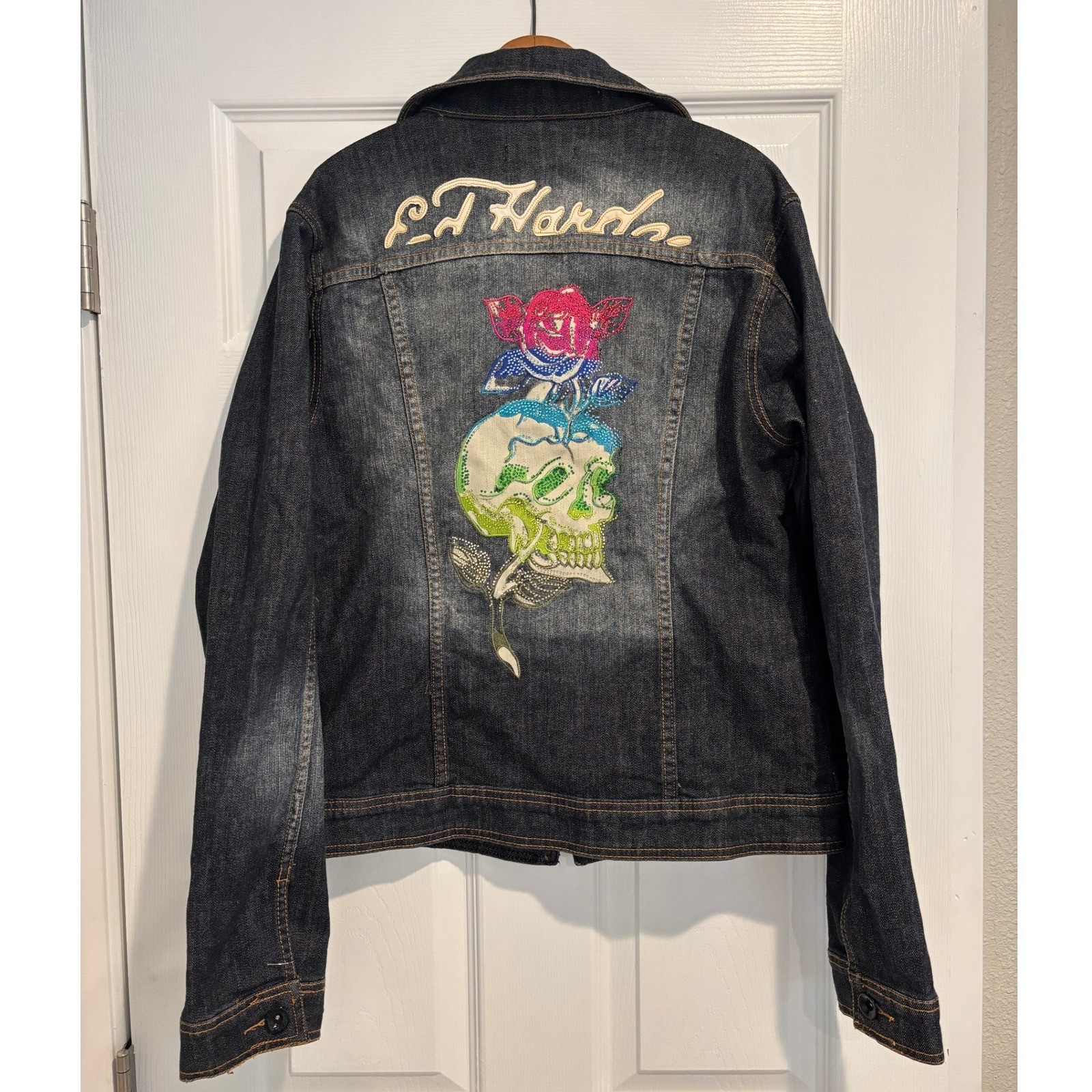 Ed Hardy Christian Audigier Rhinestone Denim Jacket XL Skull Rose Y2K Mallgoth