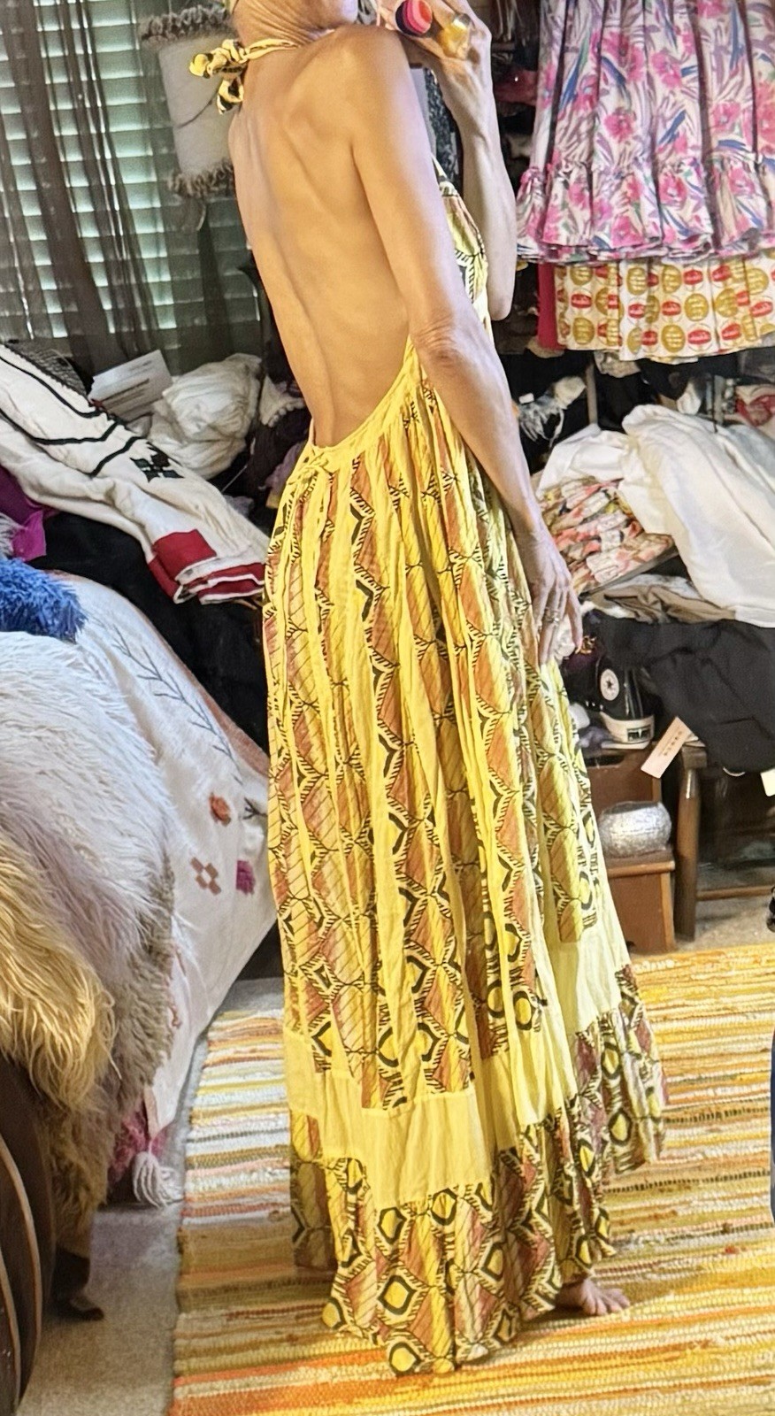 Vtg Yellow 70s Halter Gauze Cotton India Maxi Dress Full Sweep Hostess Boho Glam